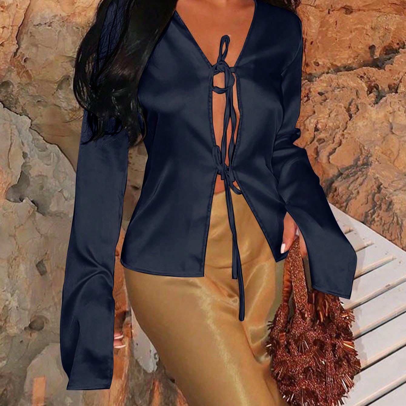 Women Satin Lace Up Deep V Neck Long Sleeve Slim Fit Blouse