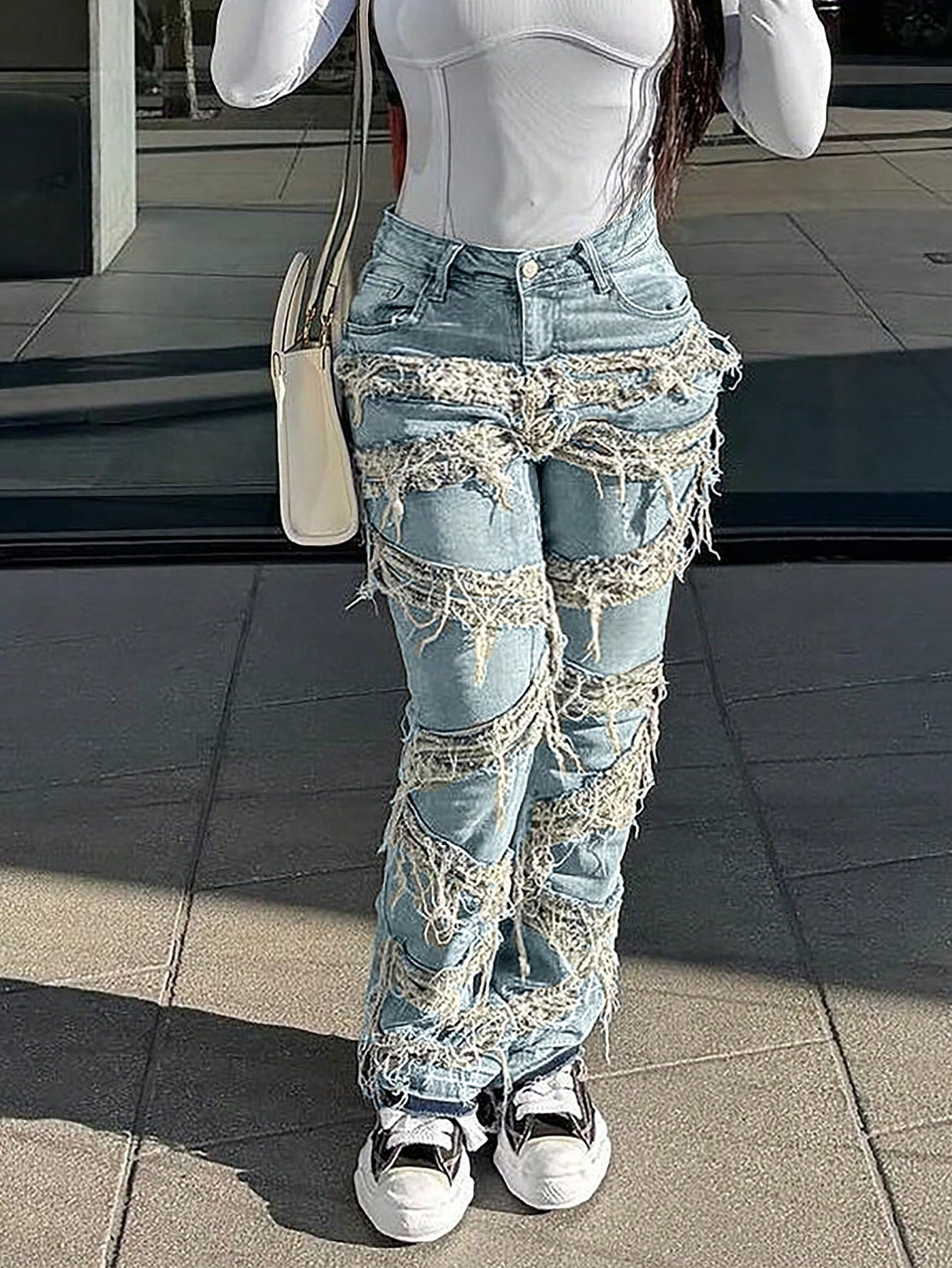 Women's Blue Heavily Distressed Straight Leg Denim Jeans