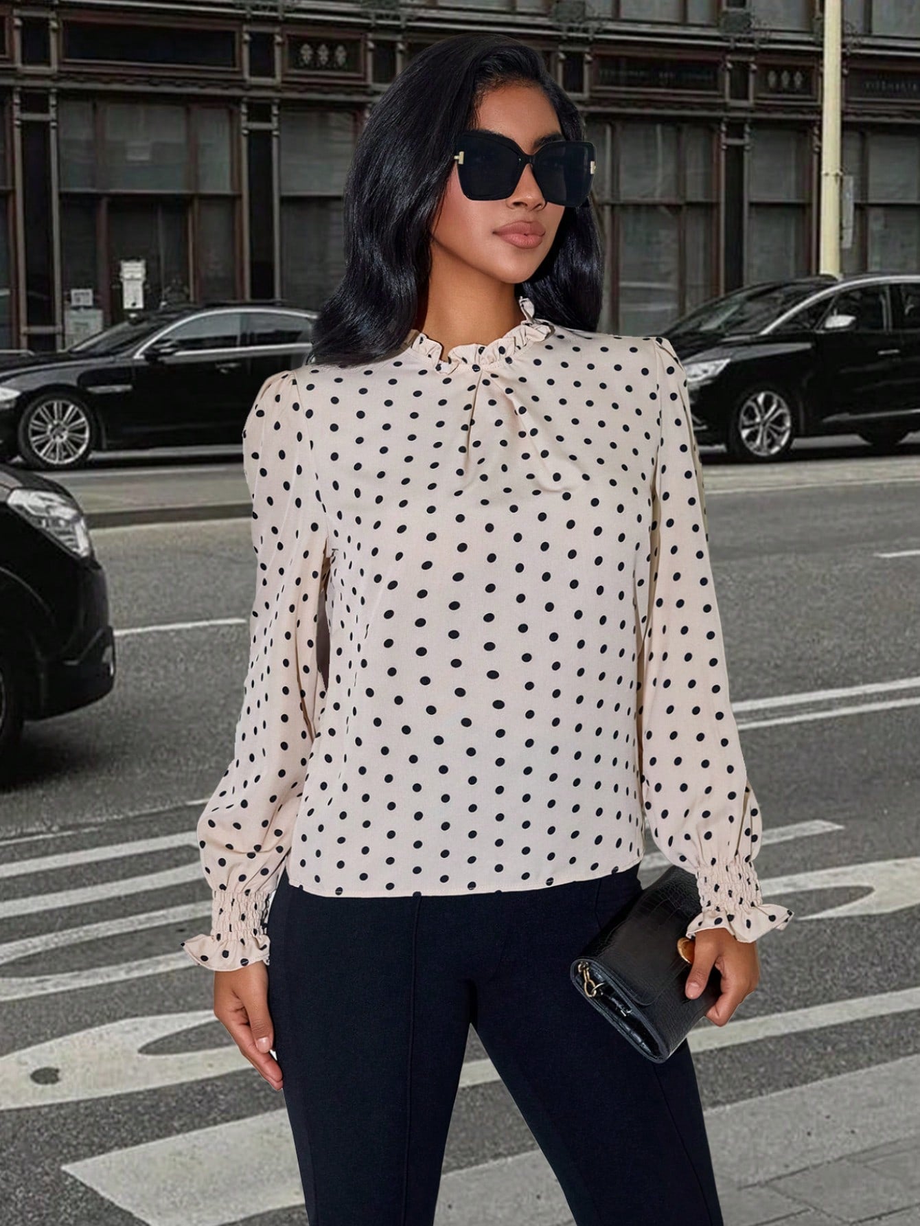 Women's Women Elegant Apricot Polka Dot Blouse High Neck Long Puff Sleeve Top