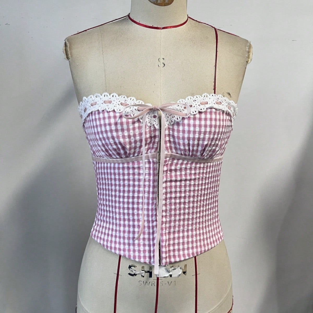 Women's Sweet Pink Gingham Corset Top with Lace Trim