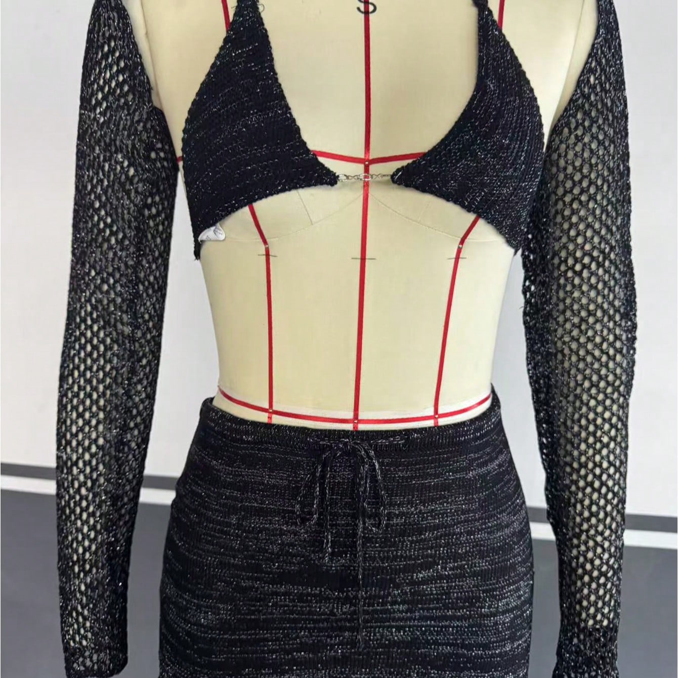 Women's Black Knit Two-Piece Set with Crop Top and Mini Skirt
