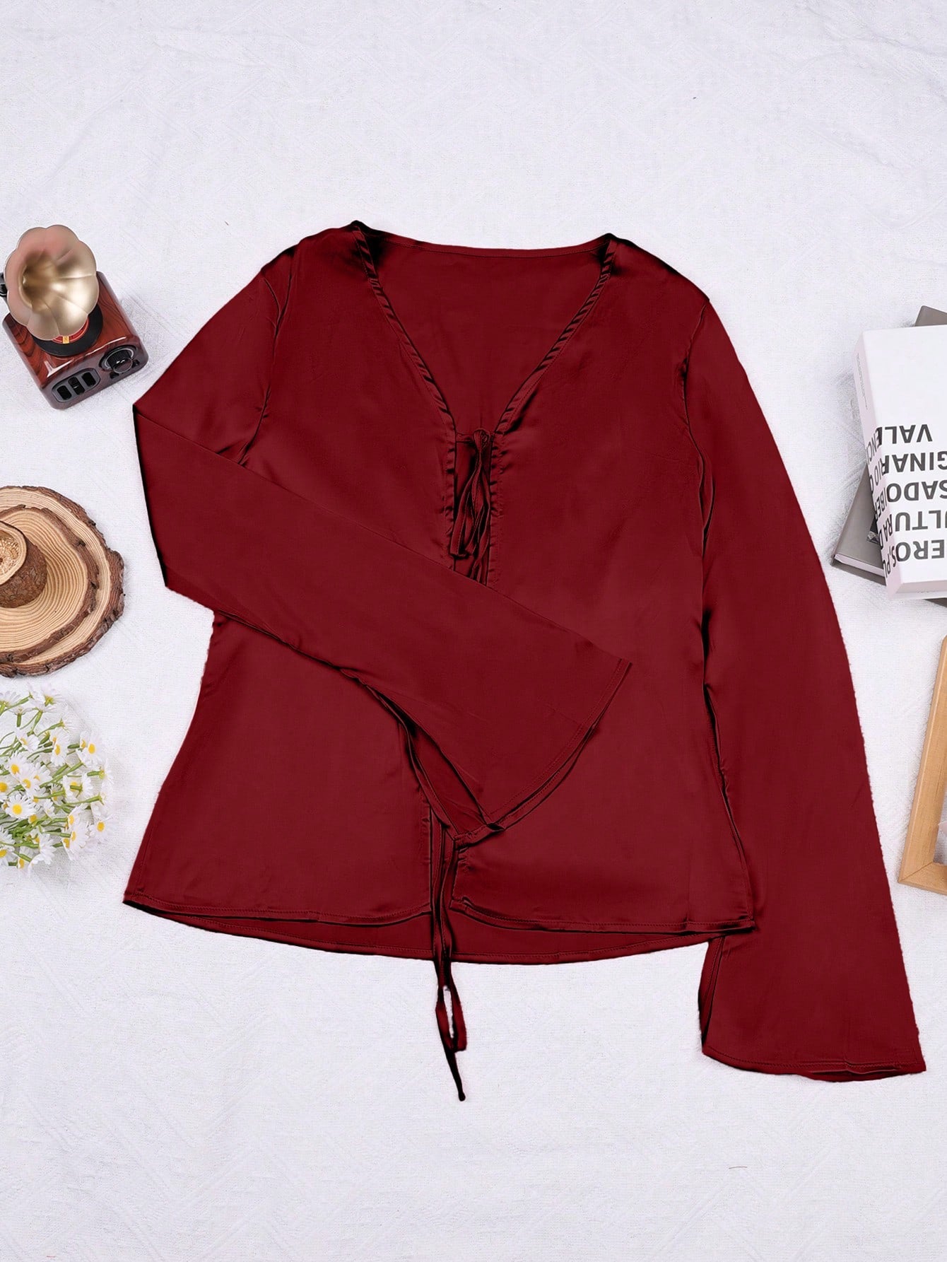 Women's Women Wine Red Satin Long Sleeve Tie Front V Neck Blouse