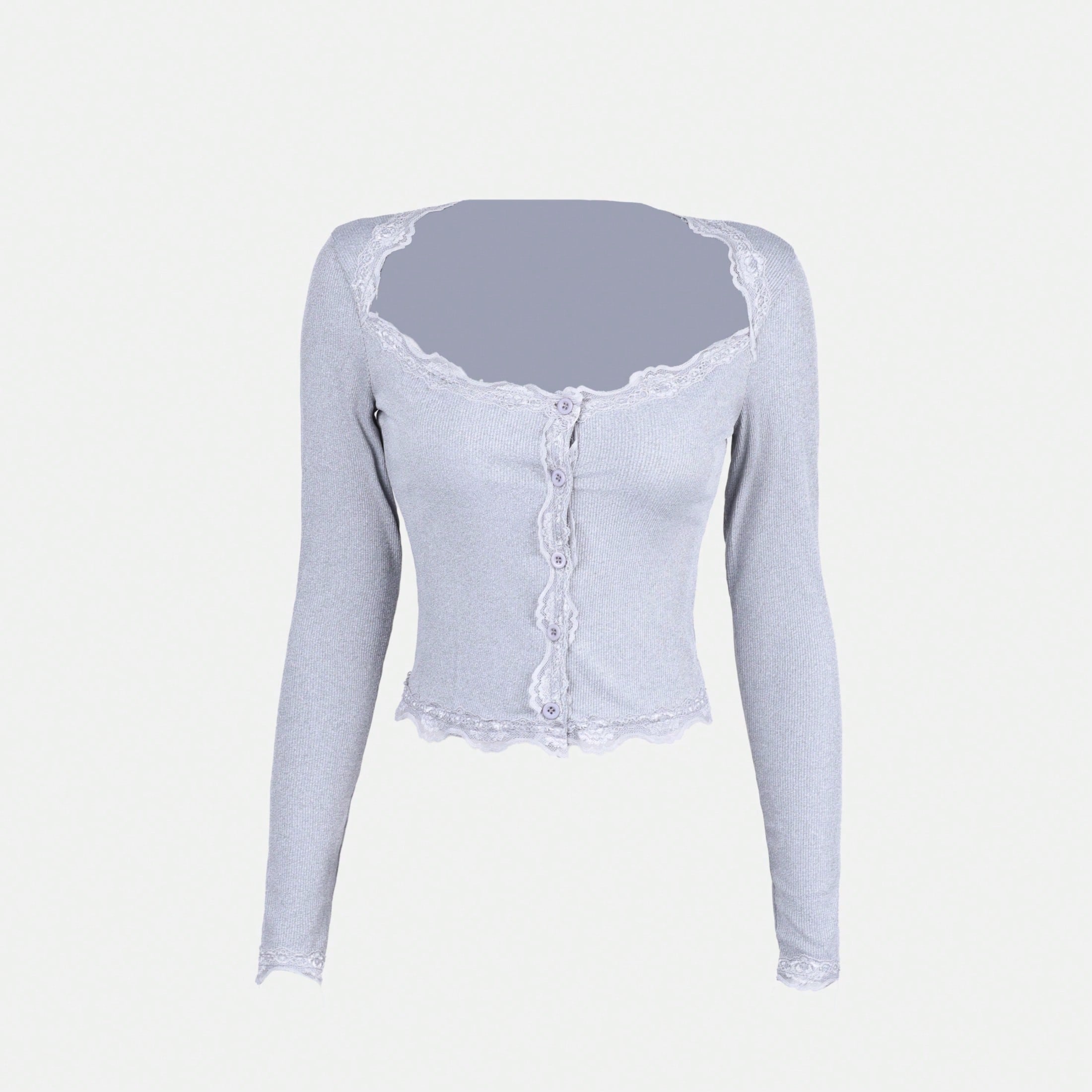 Women's Gray Ribbed Knit Henley Top with Button Placket