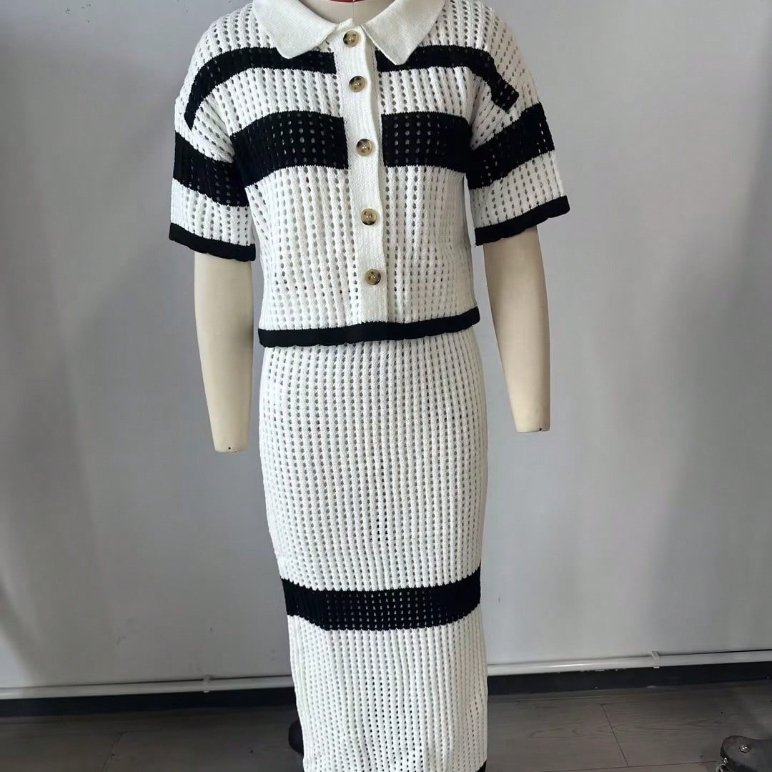 Women's Black White Knit Two-Piece Set with Crop Top and Mini Skirt
