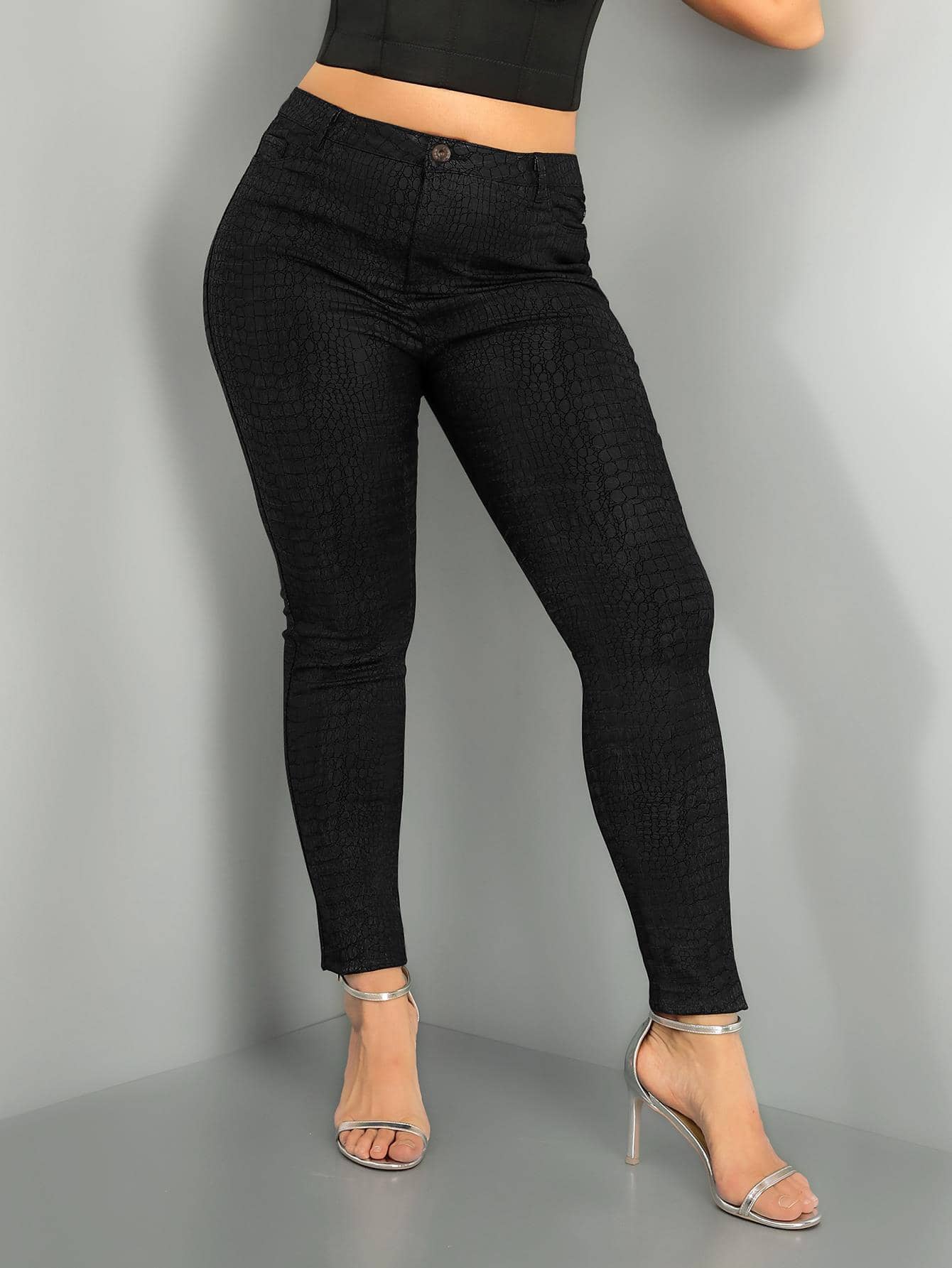 Women's Plus Size Women's Black Textured Snake Skin Print Skinny PU Leather Pants