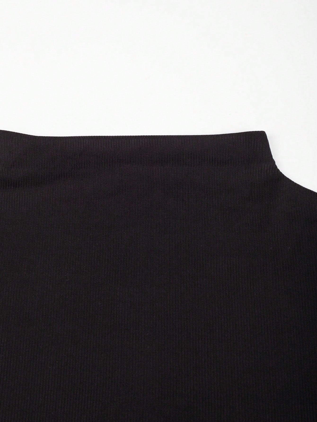 Women's Women Black Short Sleeve Mock Neck Top Slim Fit Casual Tee