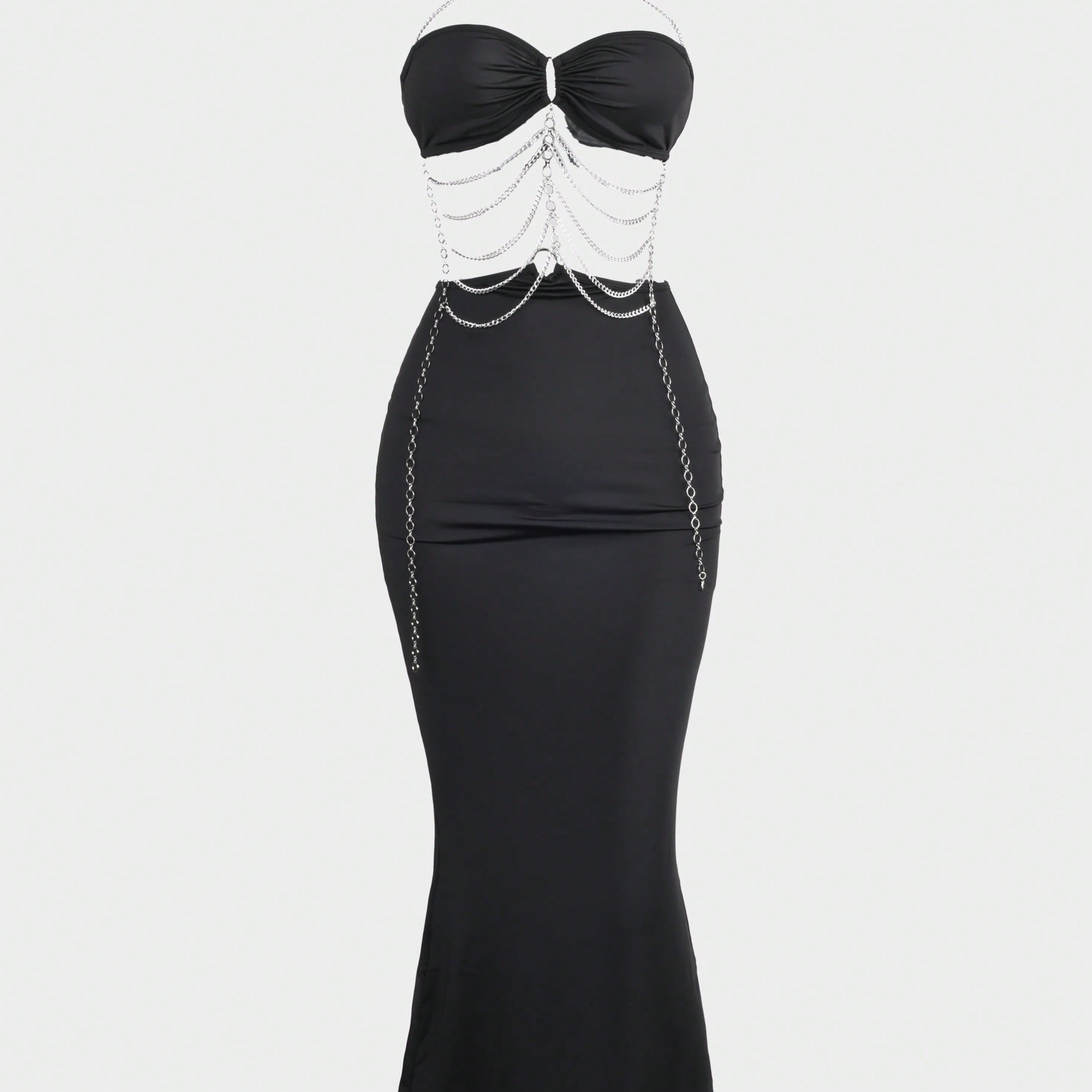 Women's Black Bodycon Maxi Dress with Silver Chain Fringe and Cutout Details