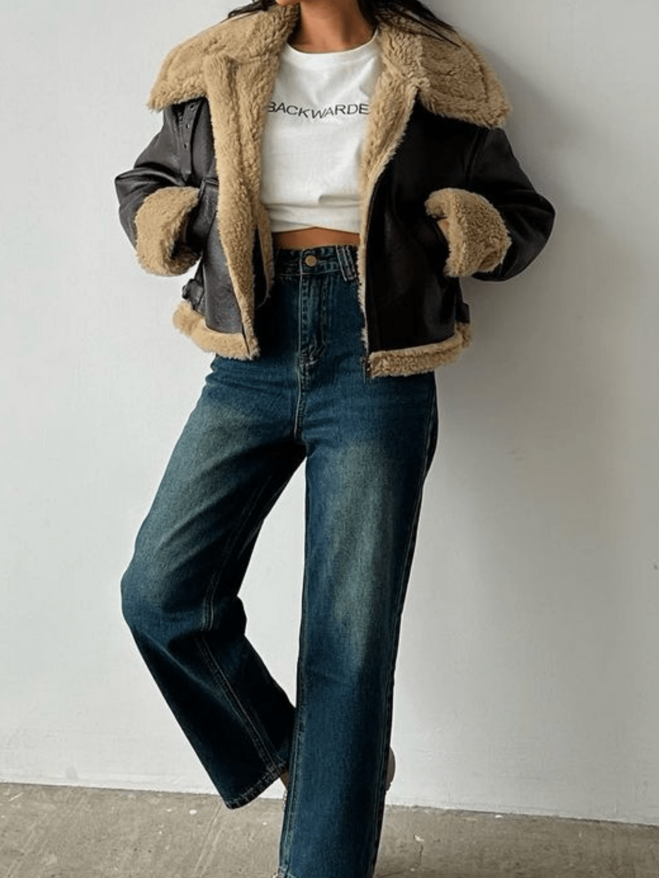 Women's Black PU Leather Aviator Jacket Faux Fur Lined Cropped Winter Coat