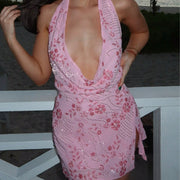 Women's Pink Floral Halter Mini Dress, Sexy Deep V-Neck Sundress for Beach & Night Out