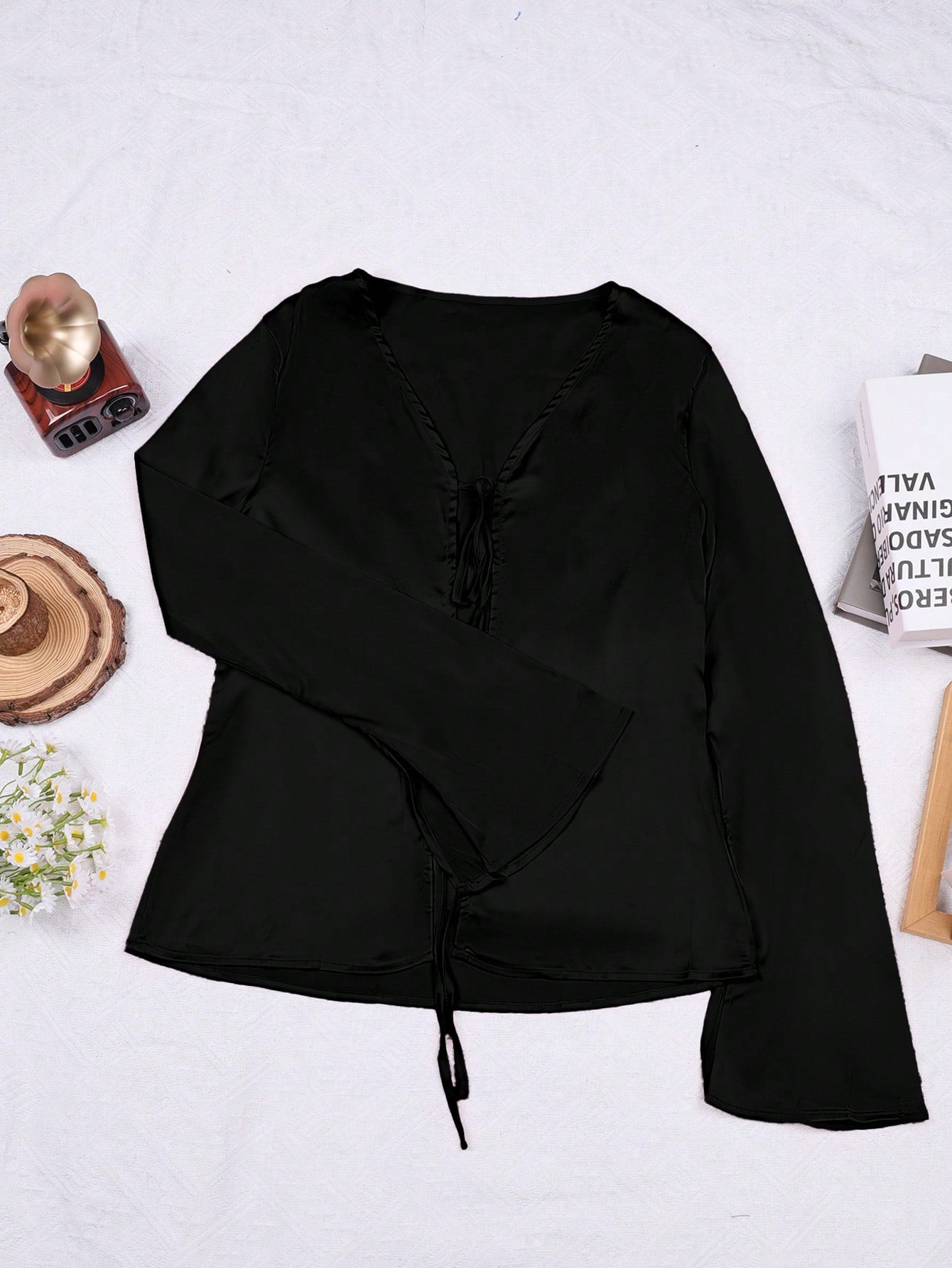 Women's Black Satin Tie-Front V-Neck Top with Long Sleeves