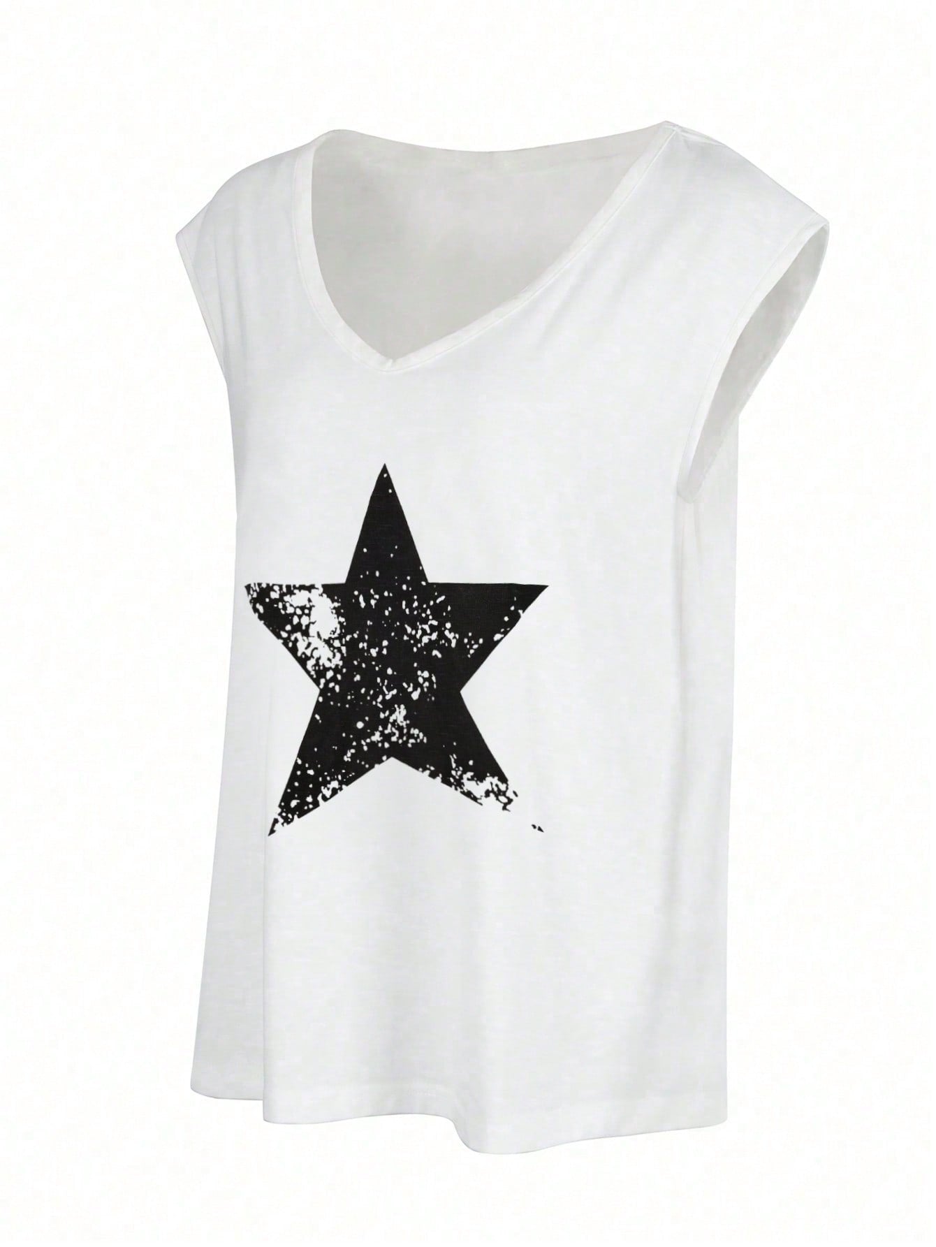 Women's White V-Neck Star Graphic Short-Sleeve T-Shirt/Vest - Casual Fashion Daily & Streetwear Top