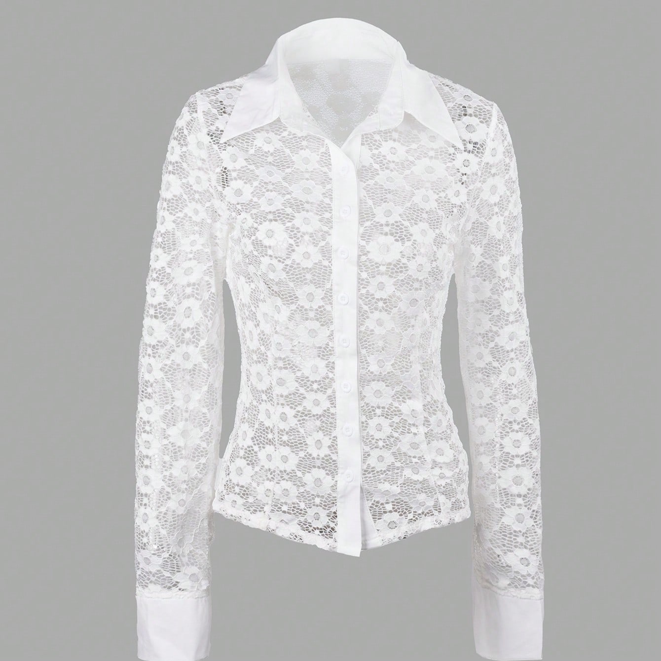 Women's Women Sexy White Lace Long Sleeve Blouse Button Up Shirt