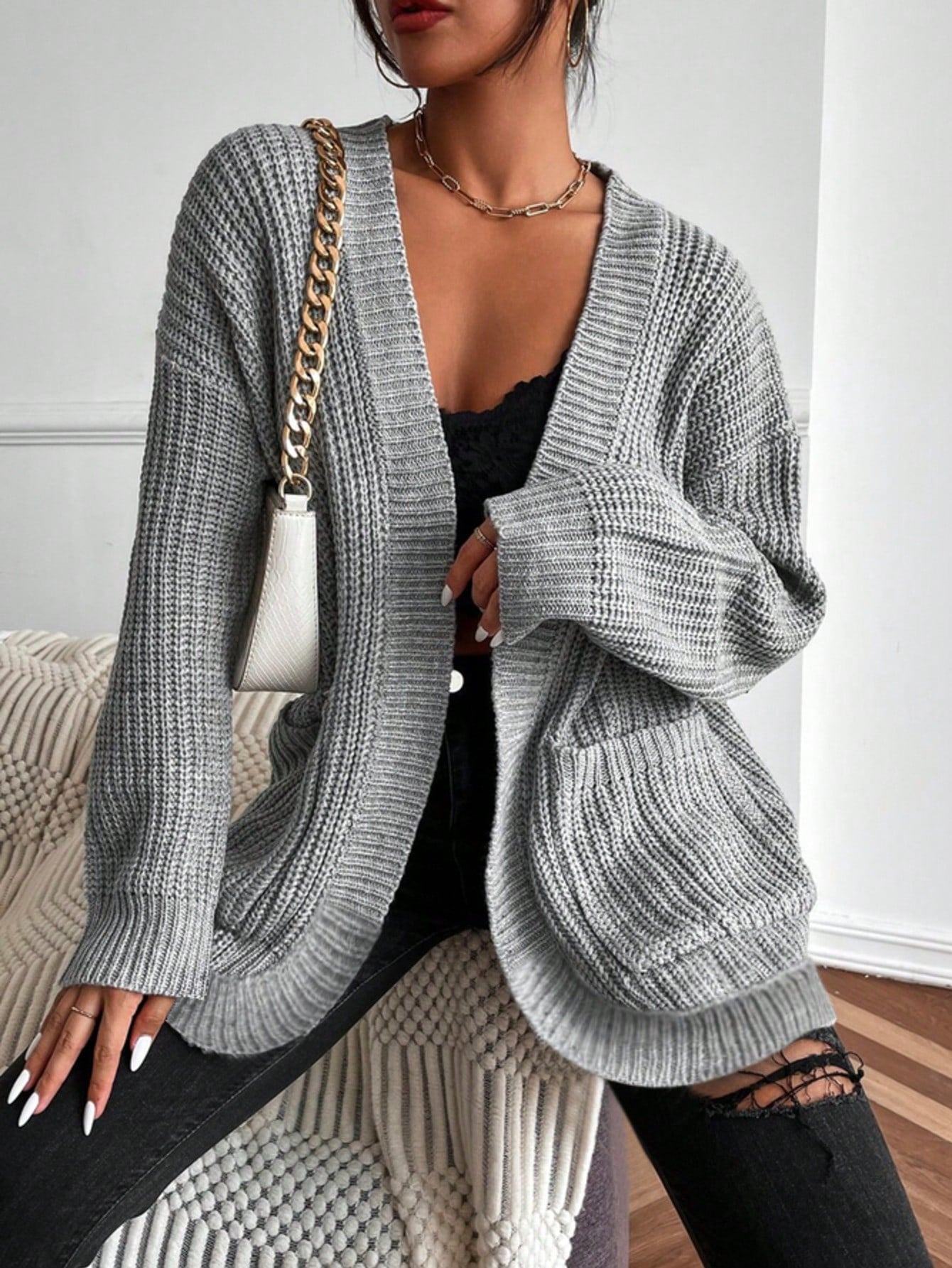 Women's Grey Chunky Knit Cardigan, Oversized Open-Front Sweater Cardigan with Patch Pockets