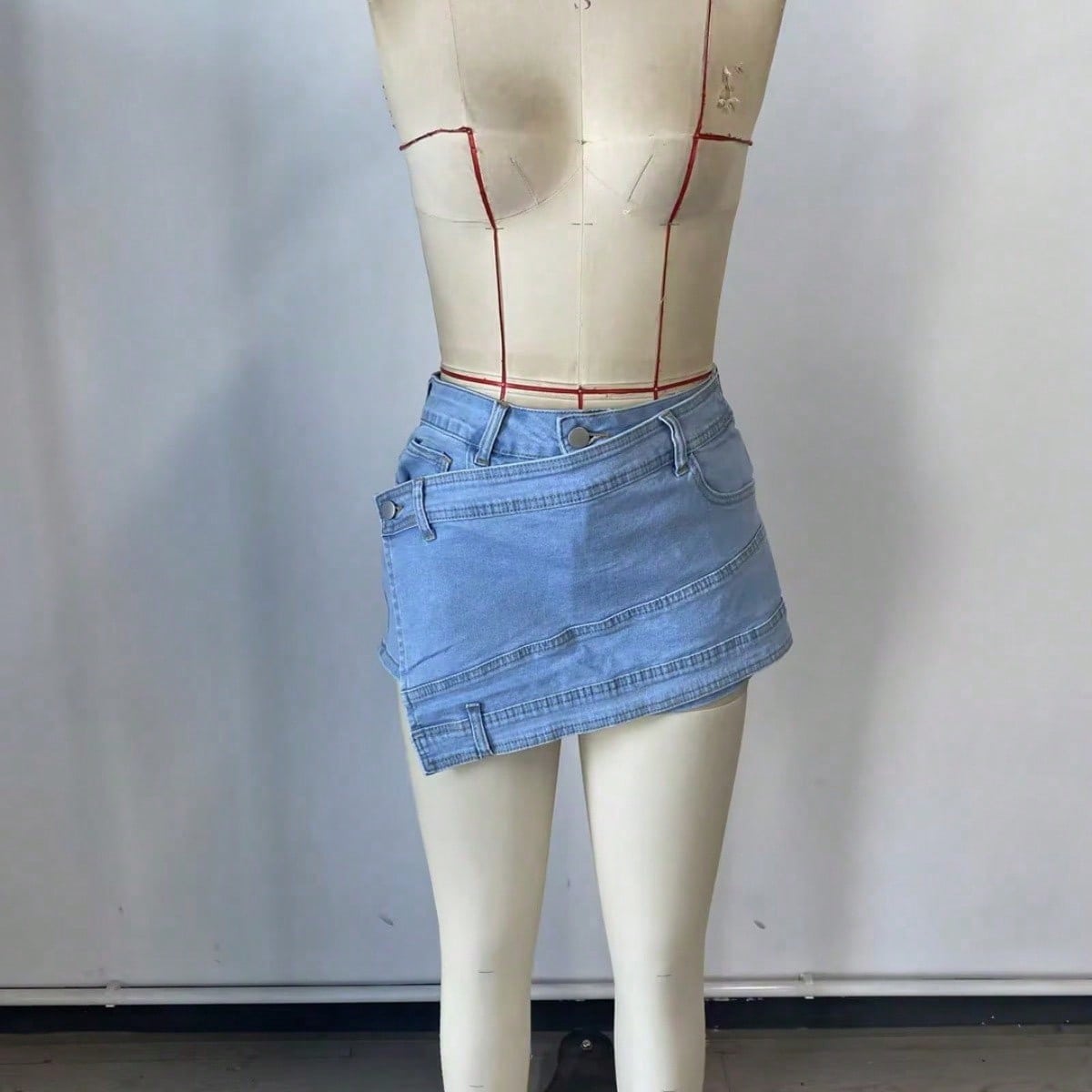 Women's Light Blue Double Waistband Asymmetric Denim Skort