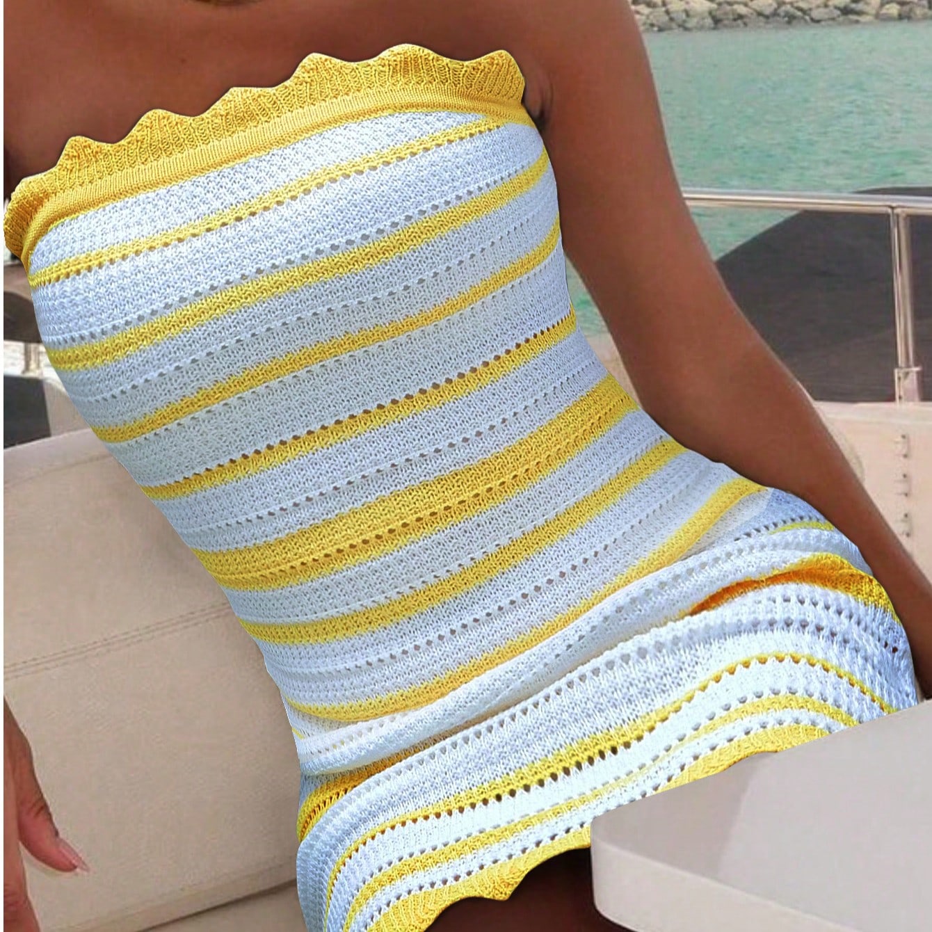 Women's Yellow & Blue Striped Strapless Knitted Sweater Dress - Chic Sleeveless Mini Dress, Cozy Casual Wear for Vacations & Outings
