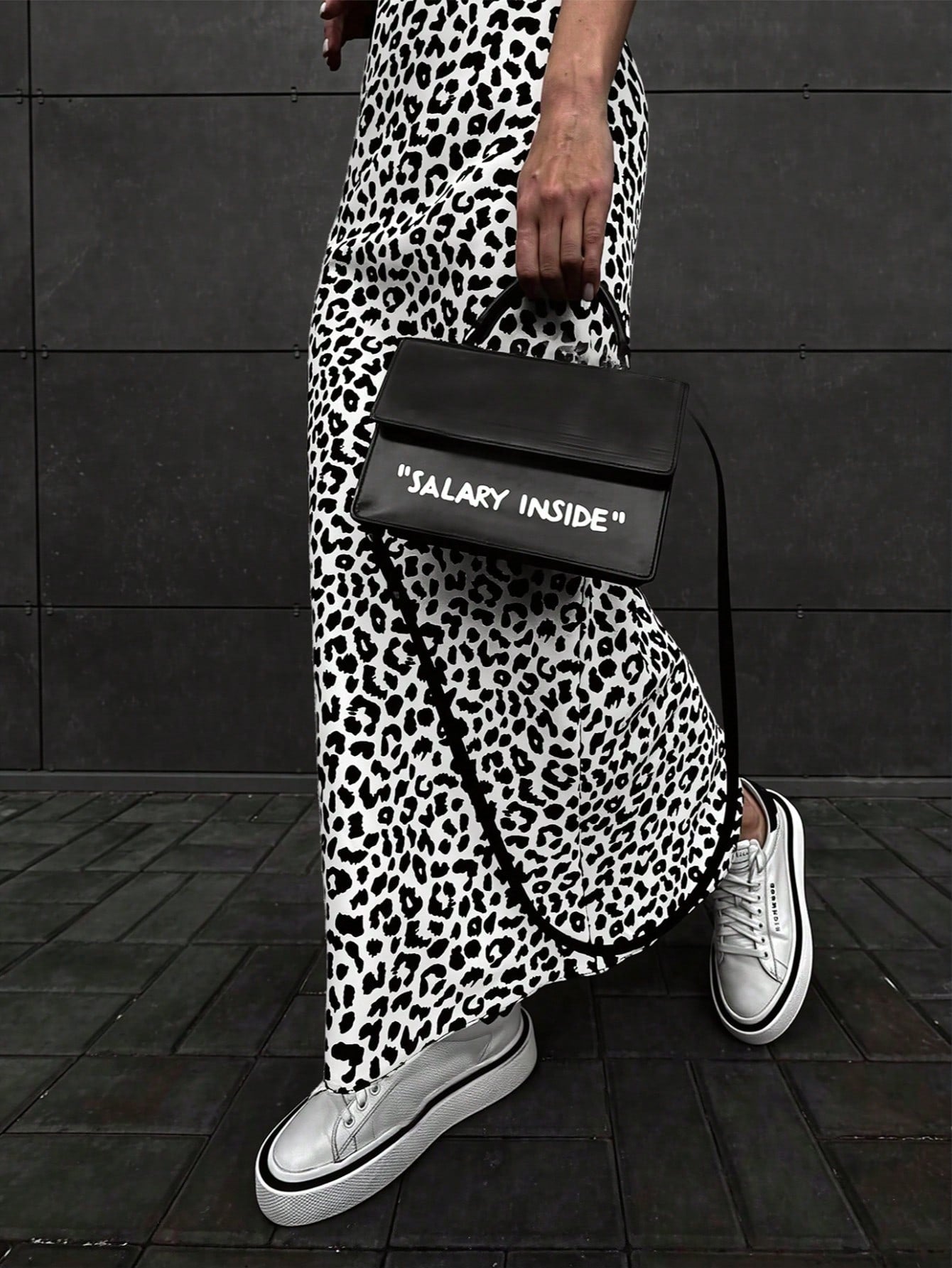 Women's Black and White Leopard Print High Waist Maxi Skirt