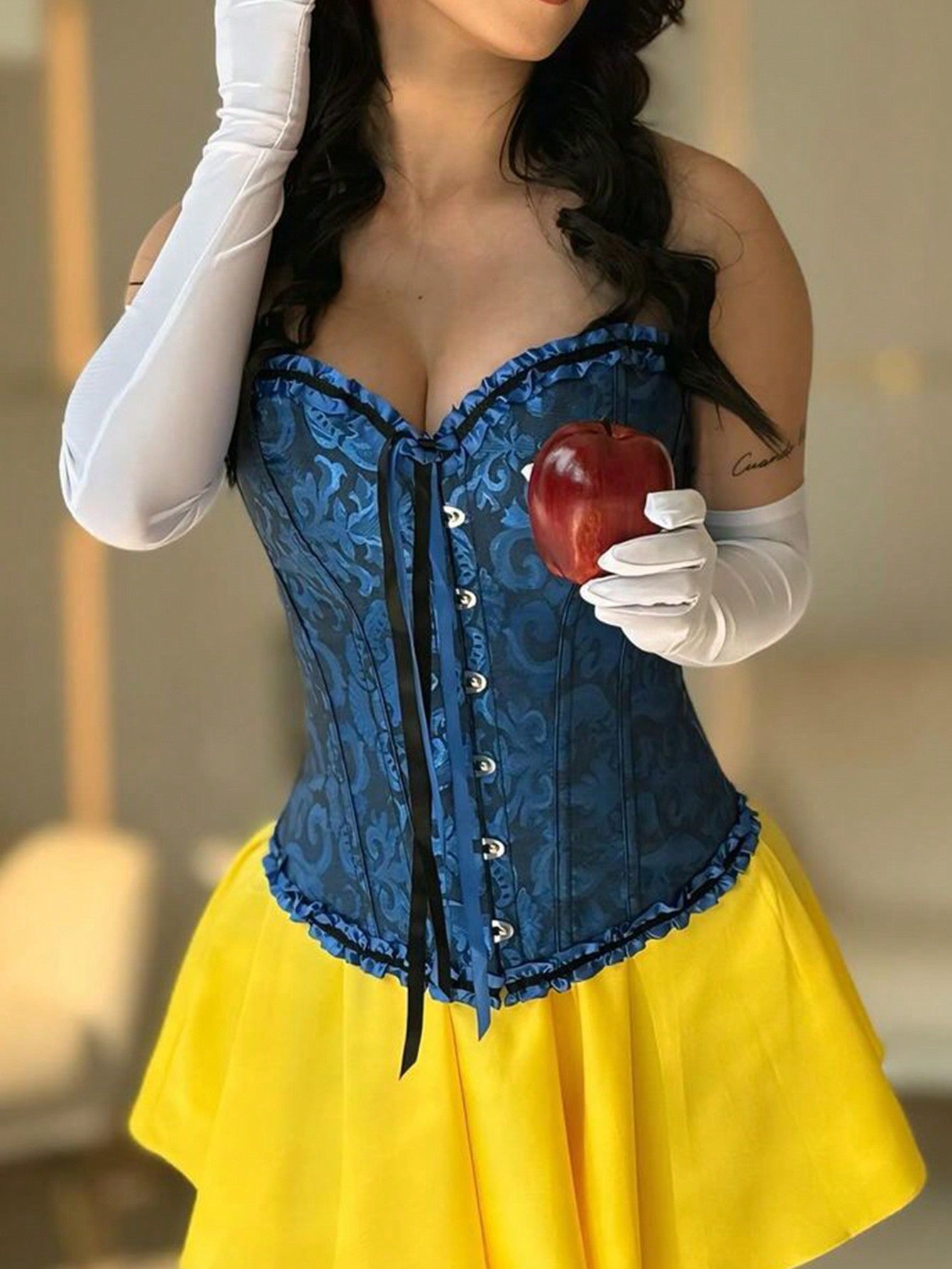 Women's Royal Blue Jacquard Ruffle Trim Overbust Corset Bustier