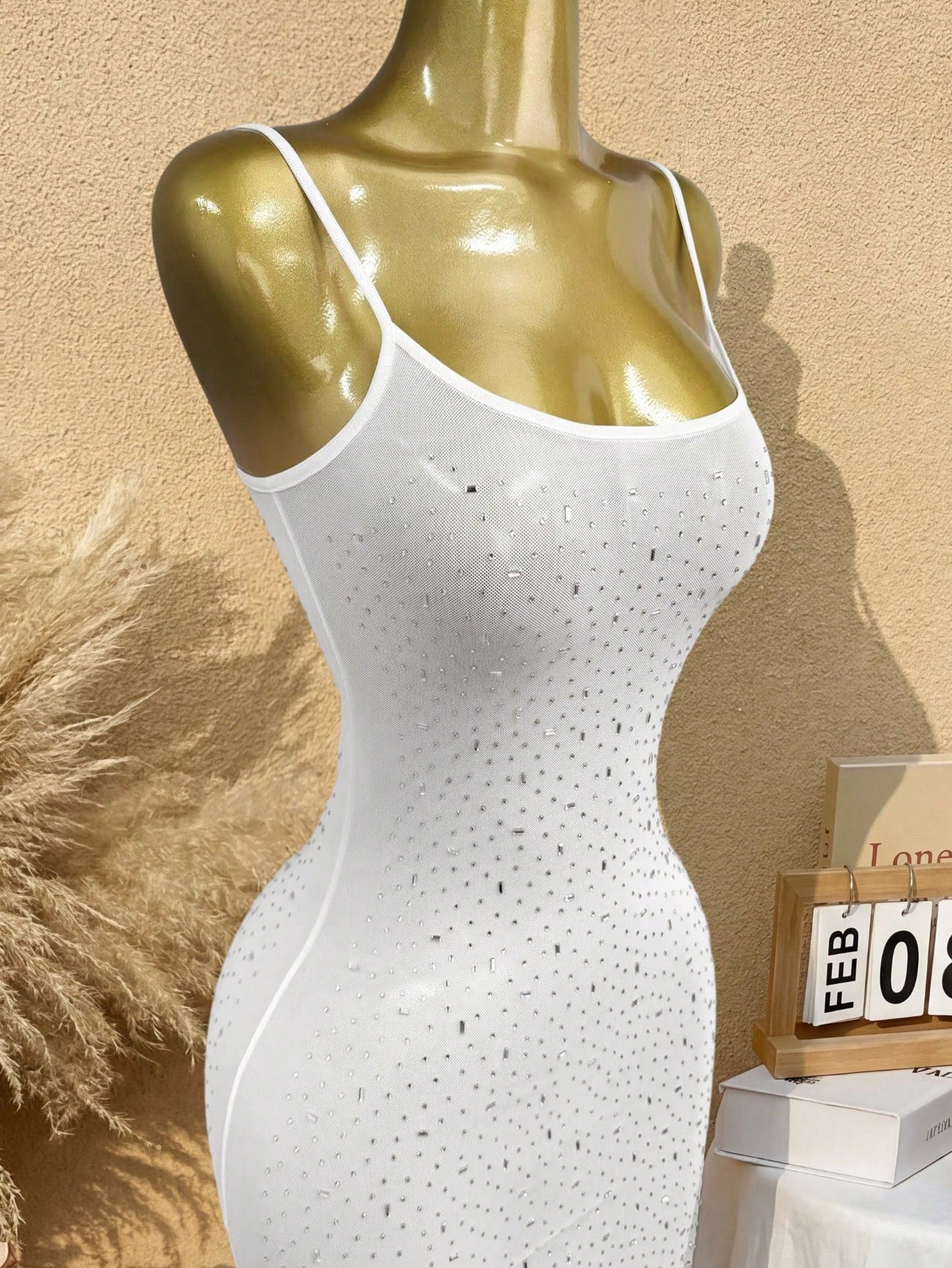 Women's White Sheer Mesh Rhinestone Bodycon Maxi Dress with Spaghetti Straps