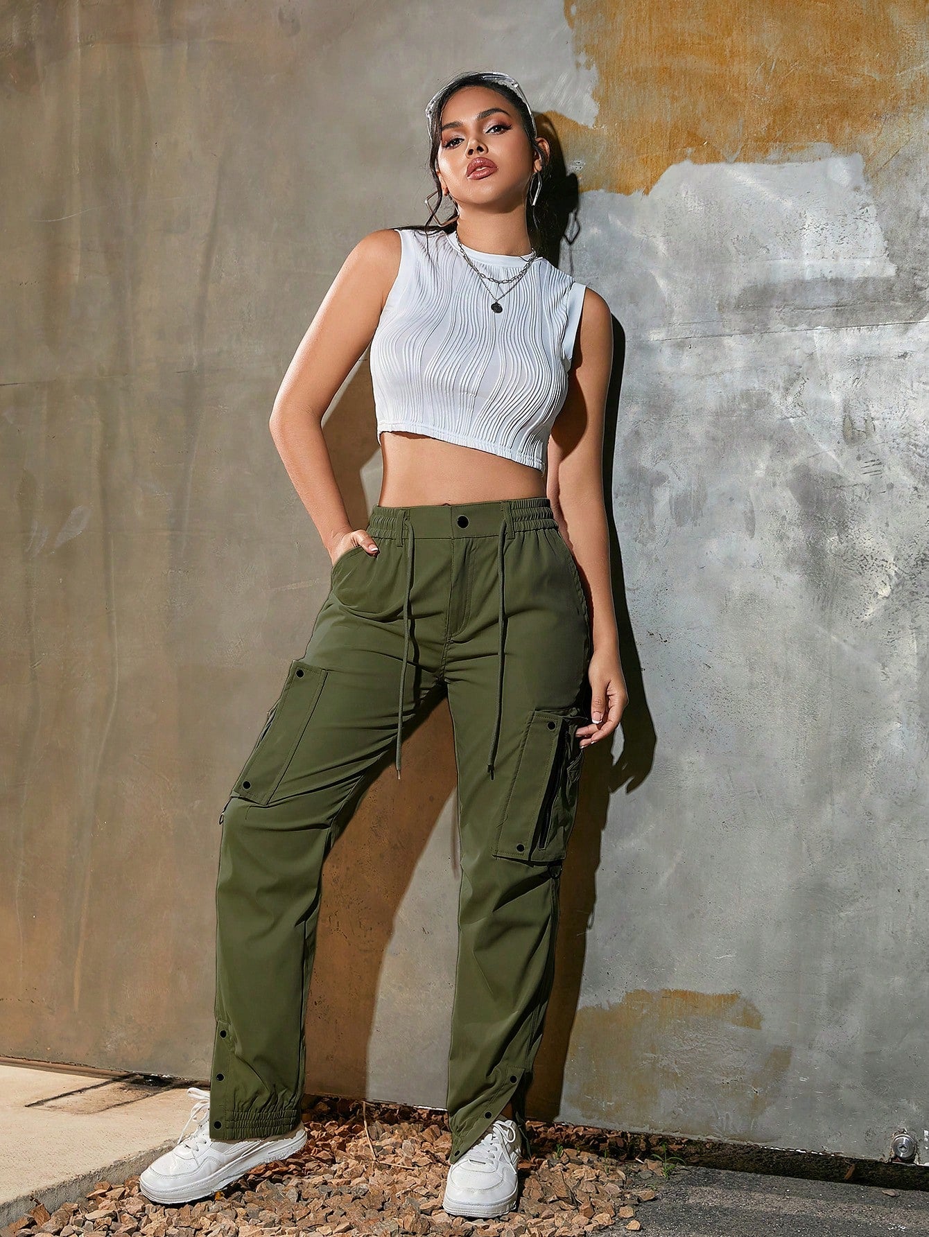 Women's Army Green High Waisted Zipper Detail Cargo Pants Streetwear Trousers