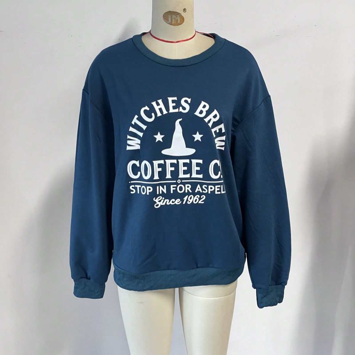 Vintage Letter Printed Blue Sweatshirt, Retro Casual Crew Neck Loose-Fit Long-Sleeve Top for Women