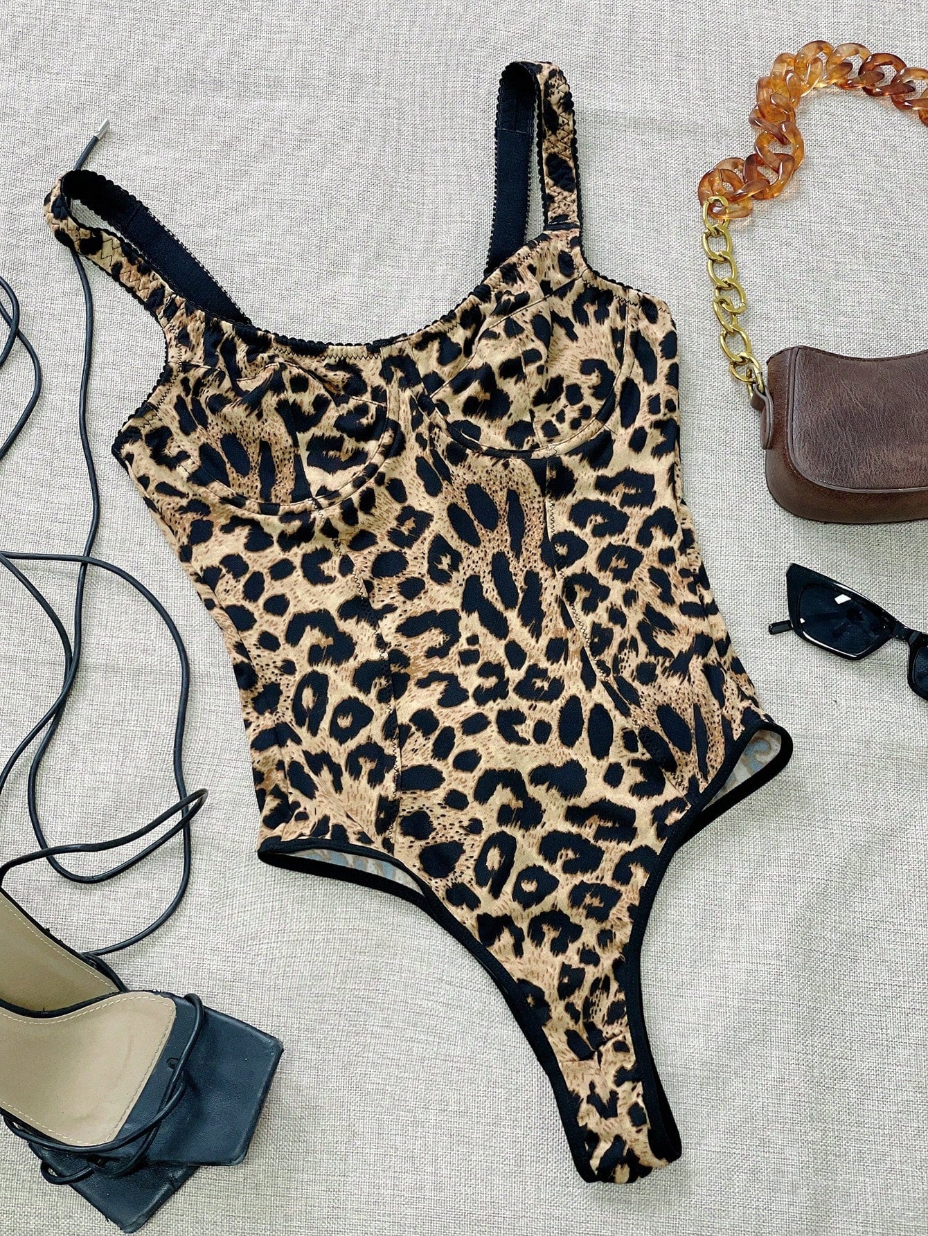 Women's Leopard Print Underwire Bodysuit with Thick Straps
