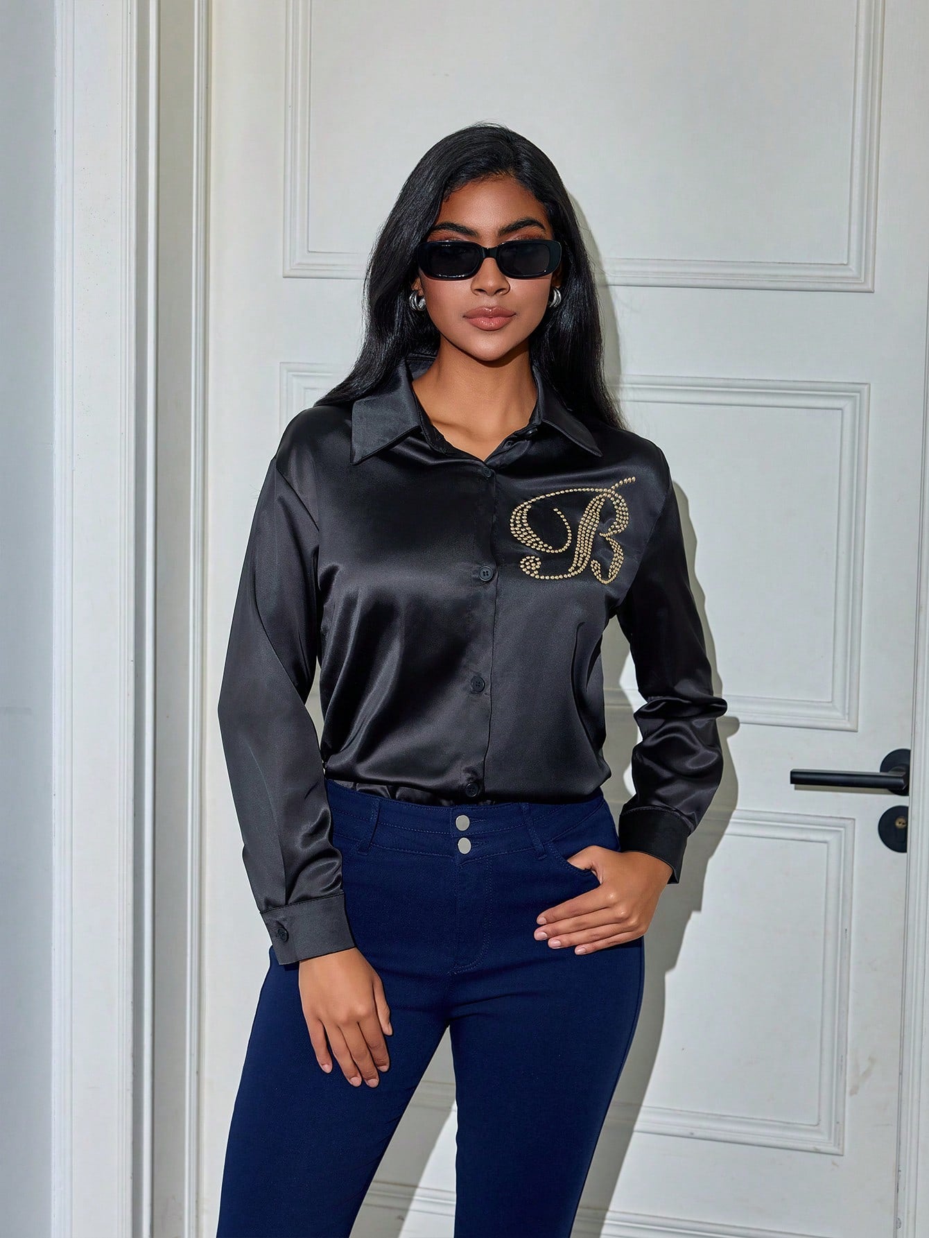 Women's Black Satin Button-Down Shirt with Gold Monogram, Elegant Long-Sleeve Blouse for Office & Casual Wear