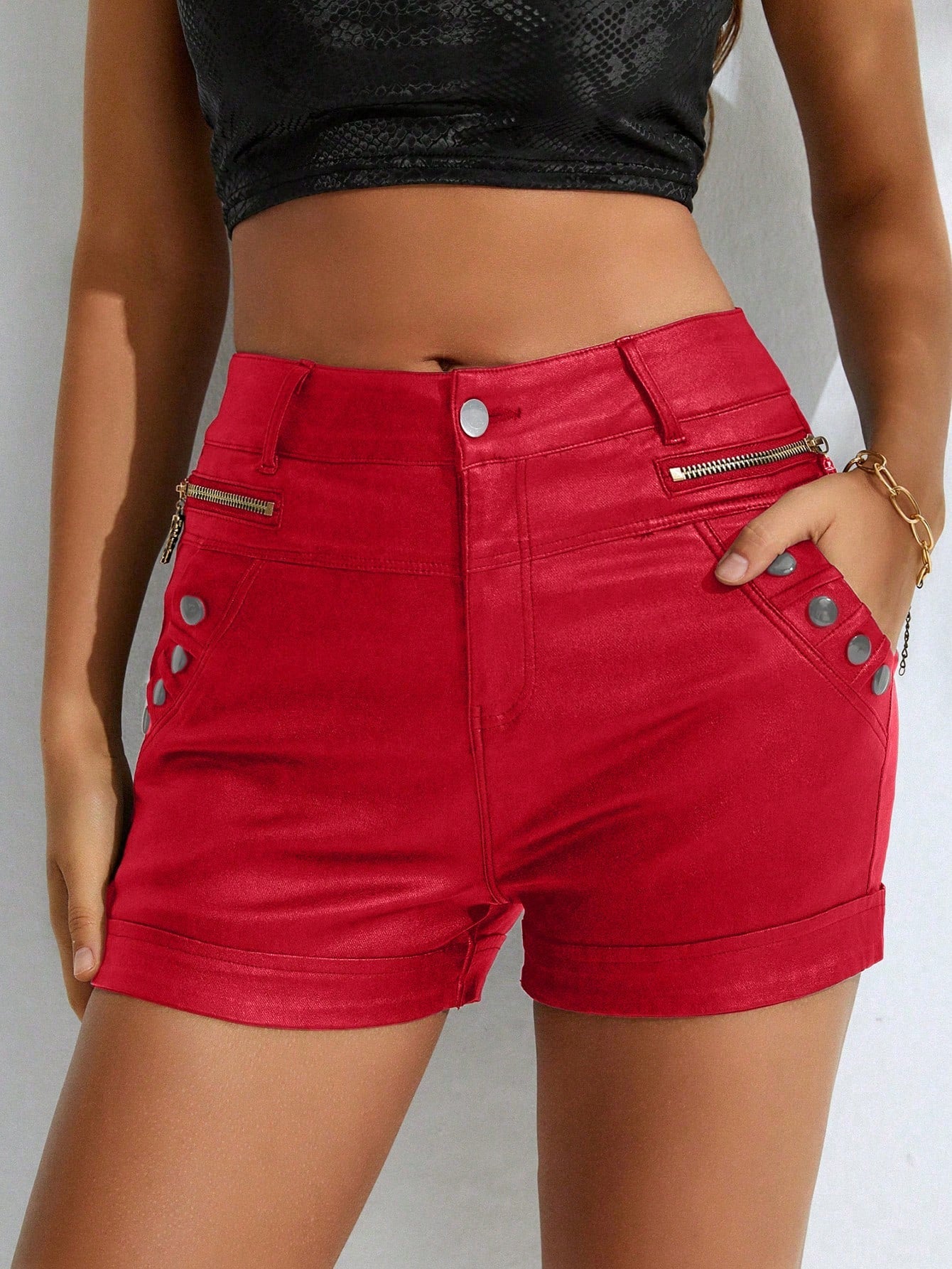 Women's Red PU Coated High-Waist Zipper Mini Denim Shorts with Studded Pocket