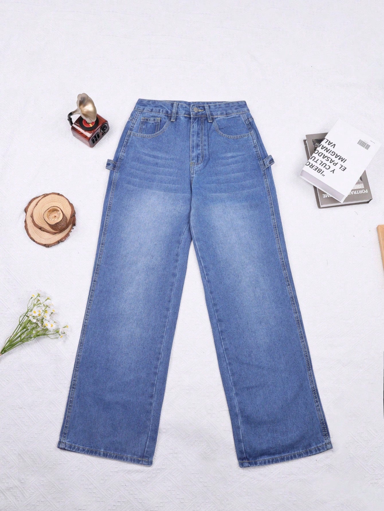 Women's Dark Blue Wide Leg Cargo Denim Jeans