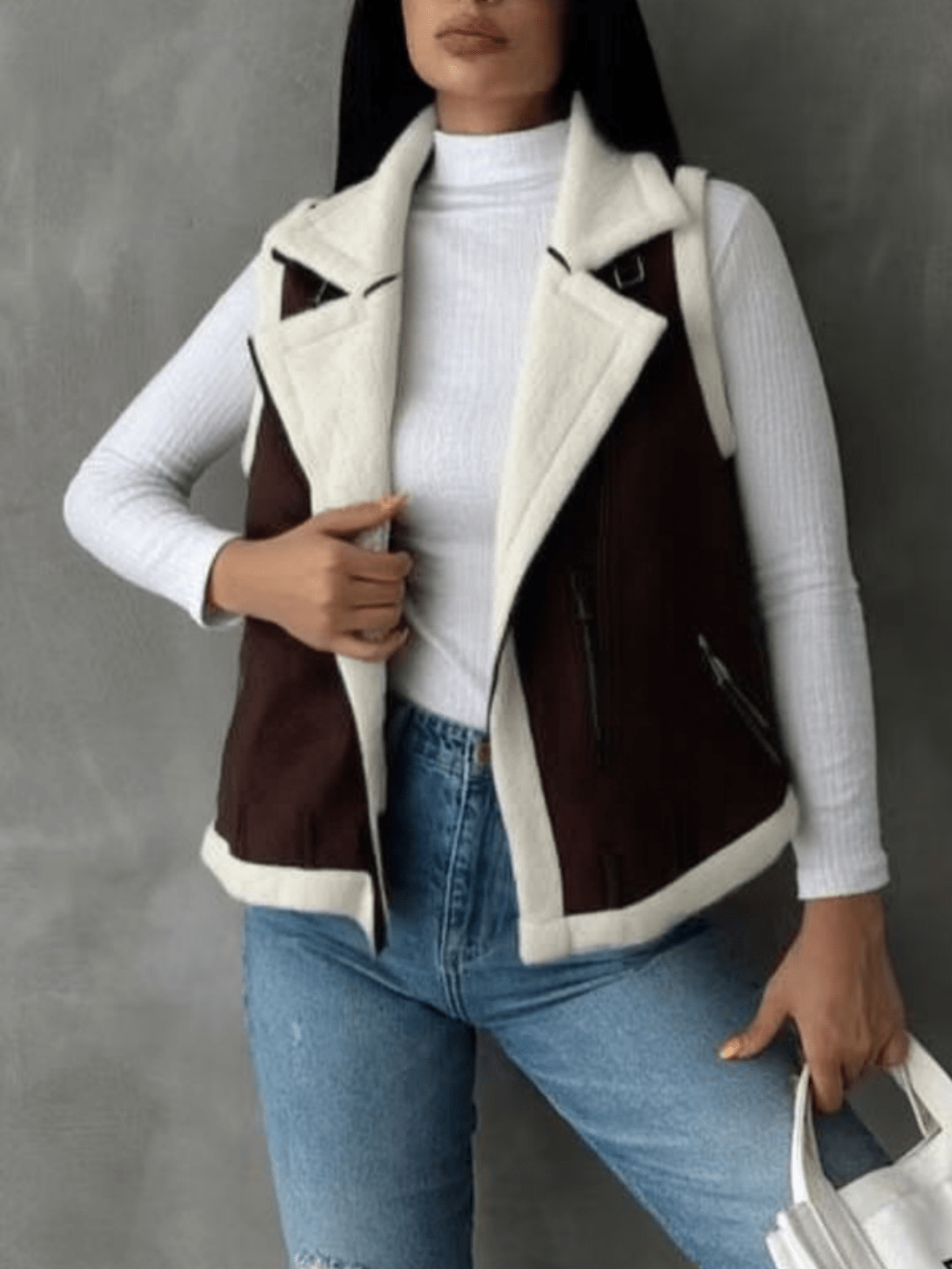 Women's Brown & Beige Shearling Vest - Chic Casual & Versatile Layering Outerwear