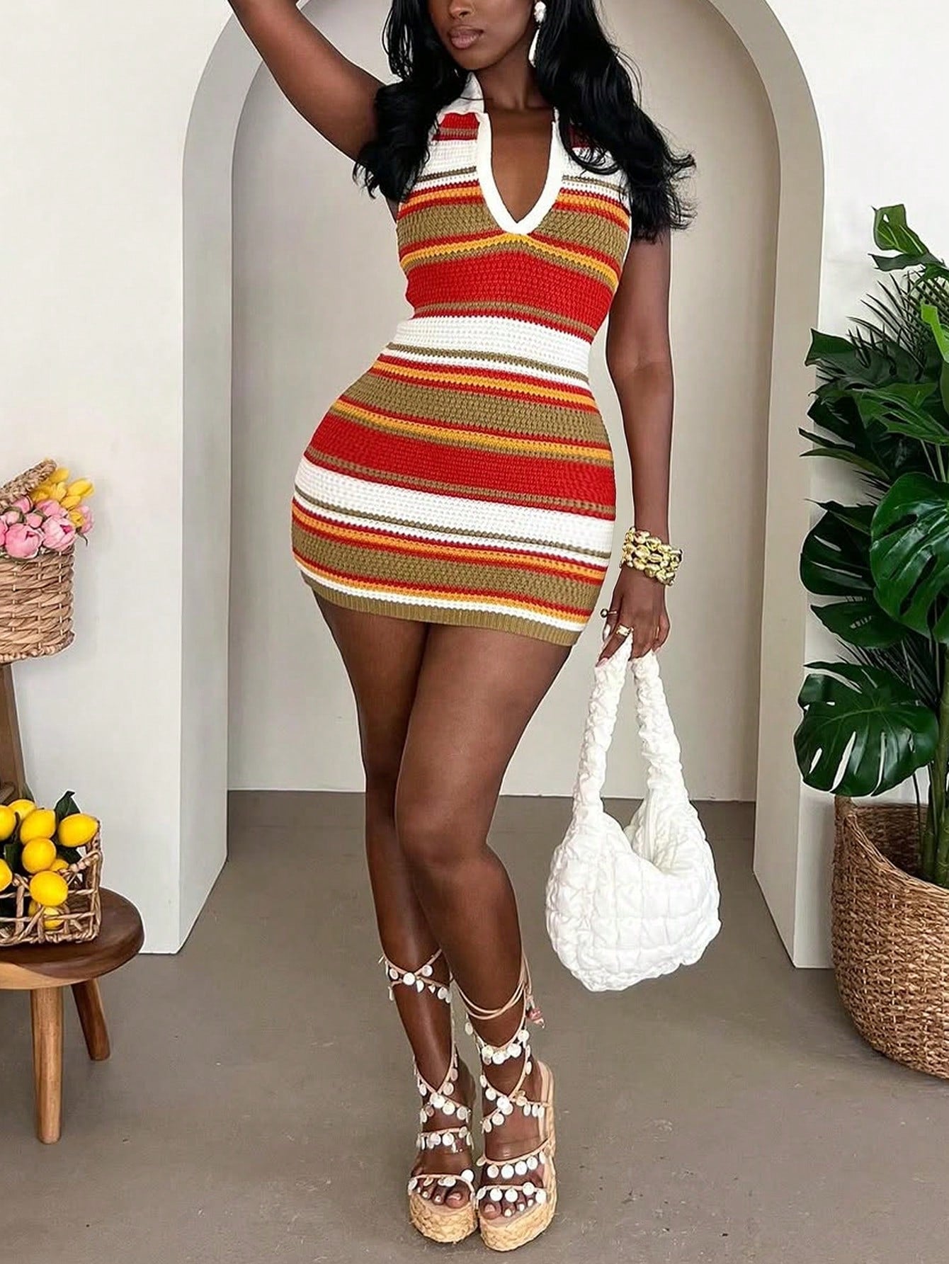 Women's Multicolor Striped Halter Neck Bodycon Mini Dress - Casual Chic Sleeveless Party Dress
