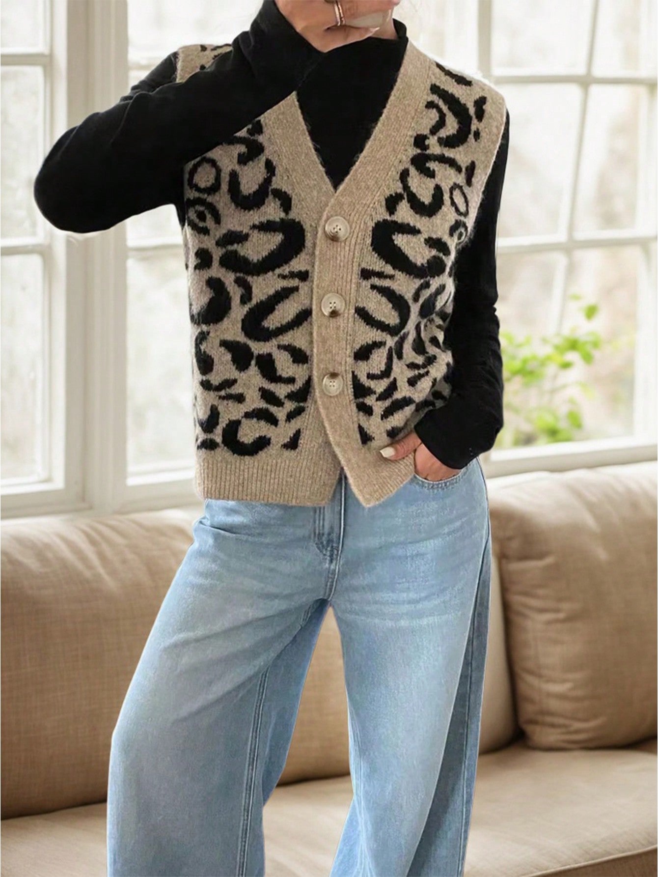 Women's Leopard Print Knit Cardigan Vest with Gold Buttons