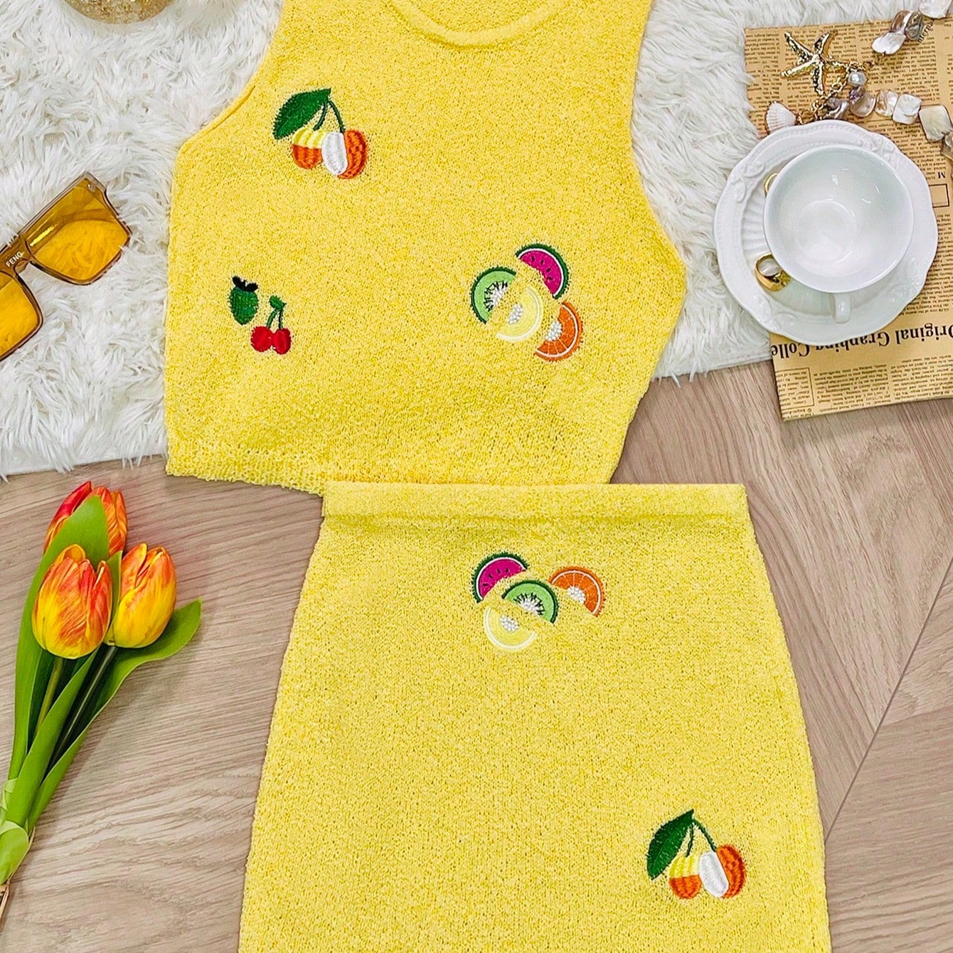 Women's Yellow Ribbed Knit Henley Top with Button Placket