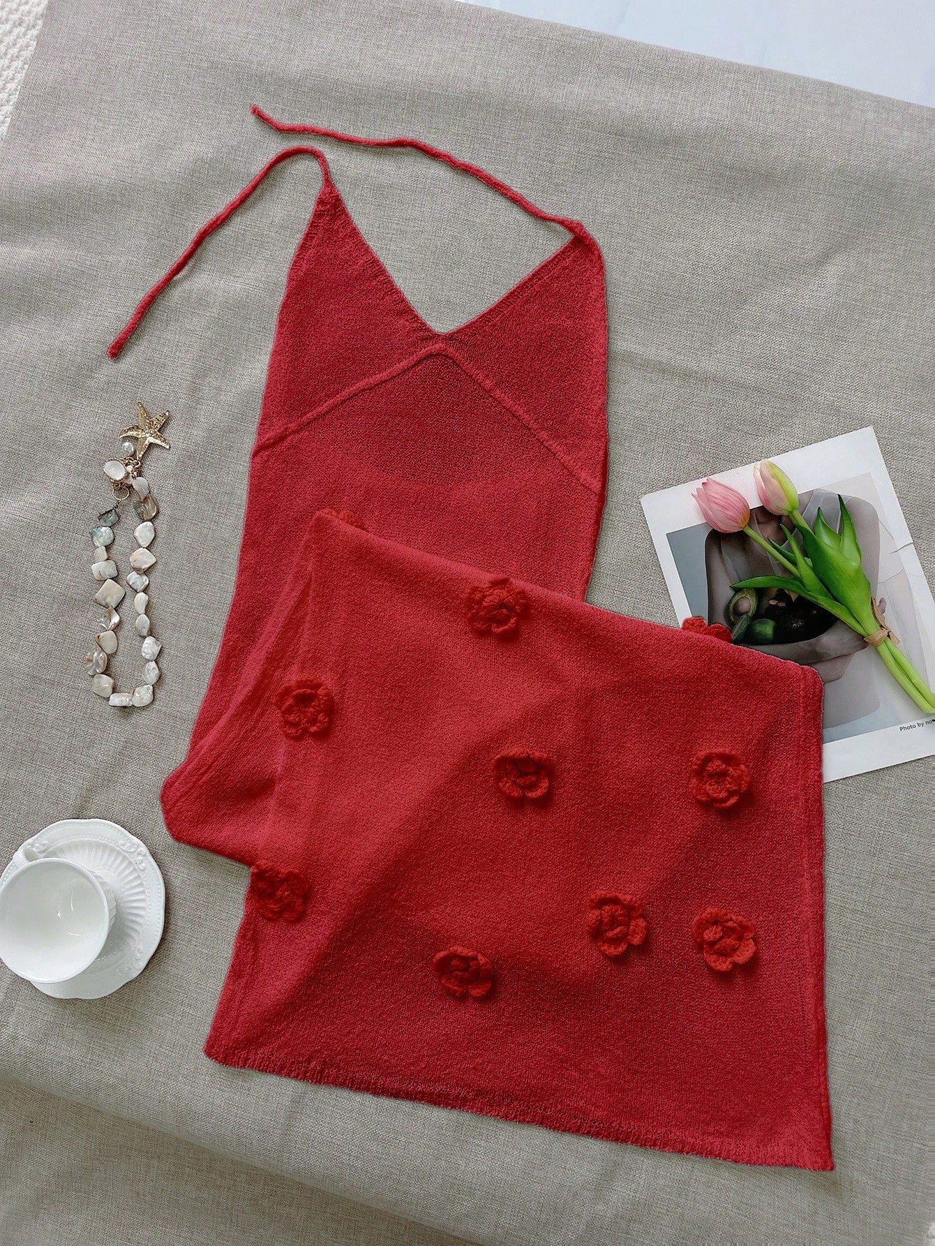 Women's Red Ribbed Knit Henley Top with Button Placket