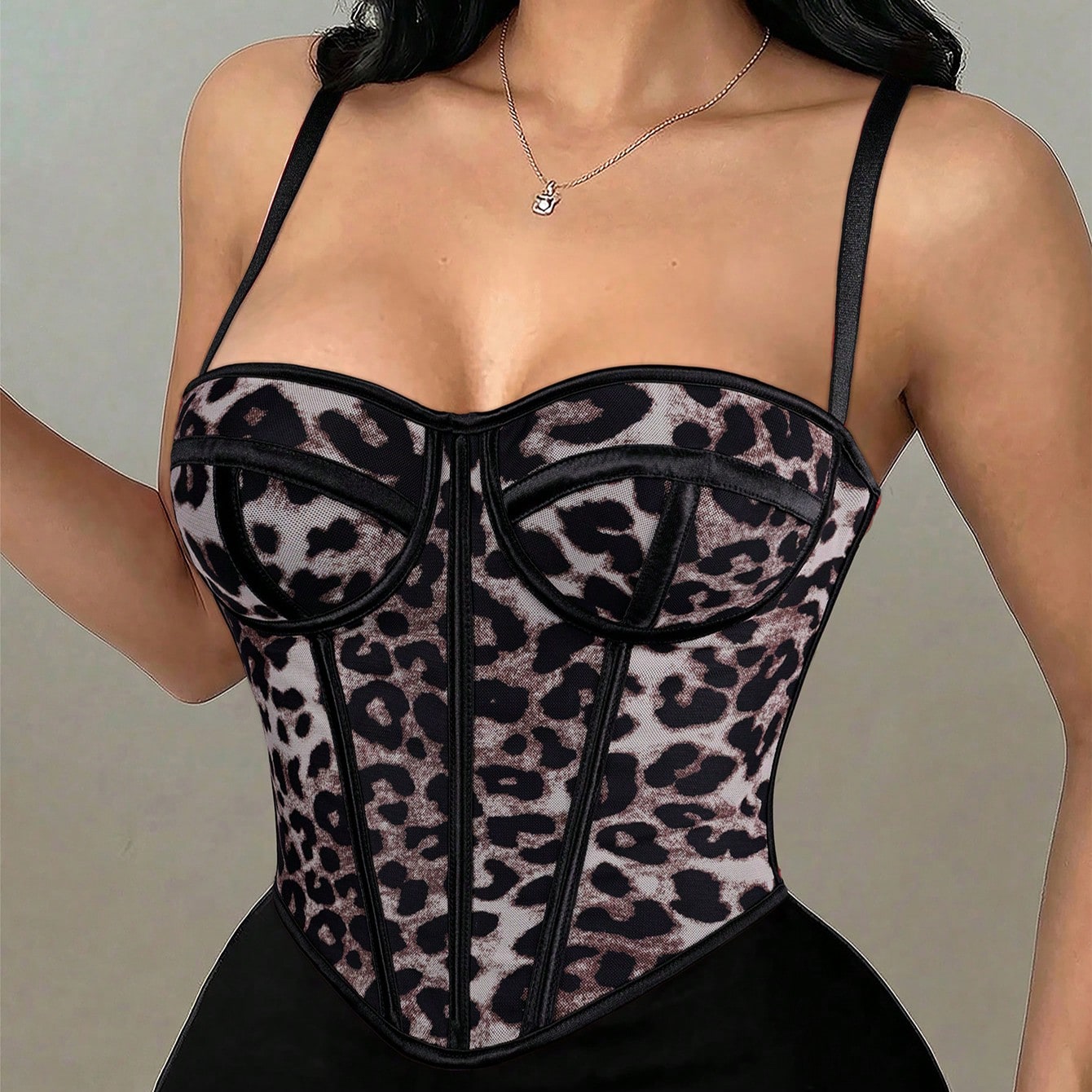 Women's Black Leopard Print Spaghetti Strap Bustier Corset Crop Top