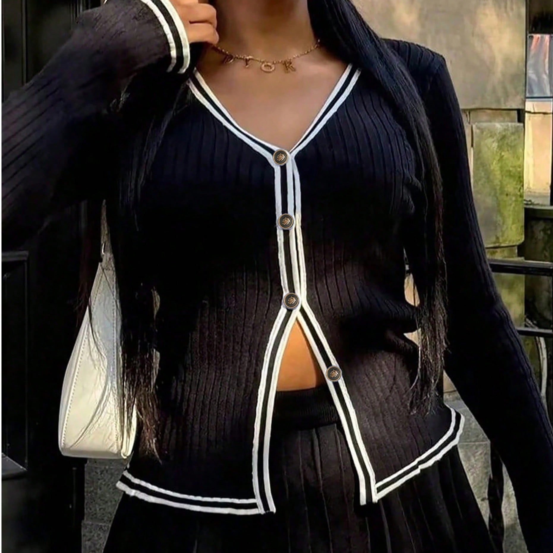 Women's Black Knit Cardigan and Pleated Skirt Set with Contrast White Trim