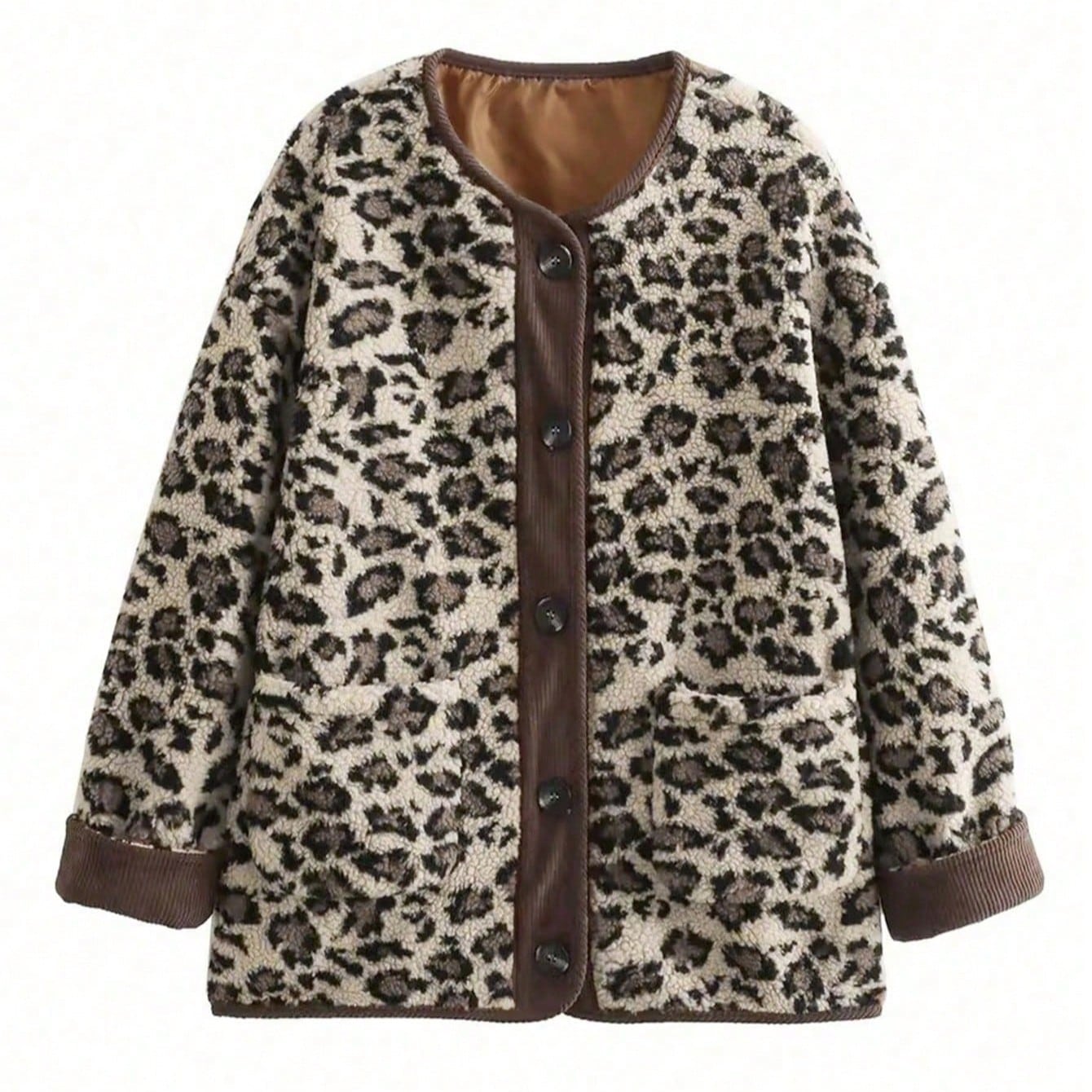 Women's Leopard Print Faux Fur Coat Button-Up Winter Cardigan Jacket