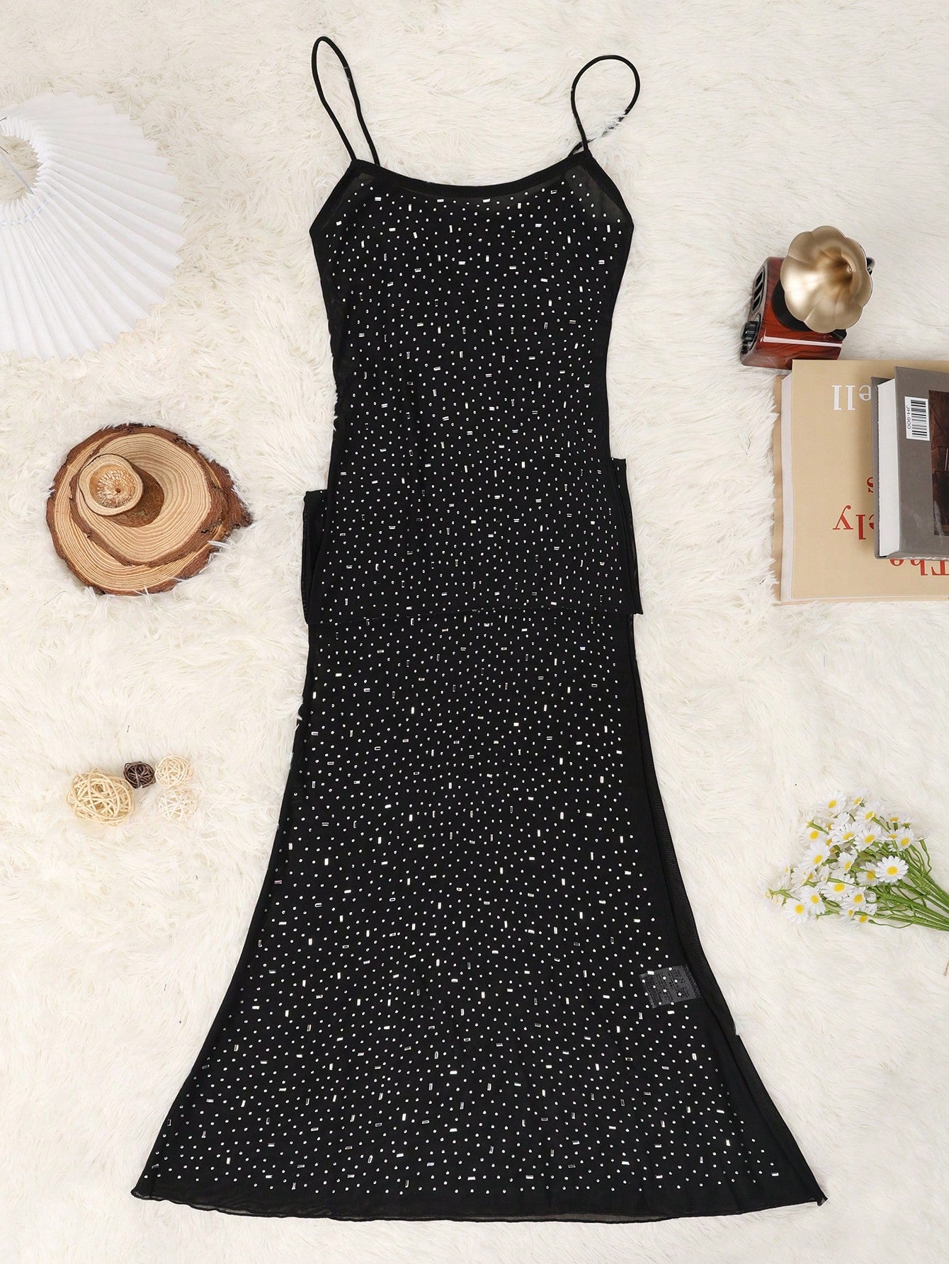 Women's Black Sheer Mesh Rhinestone Bodycon Maxi Dress with Spaghetti Straps