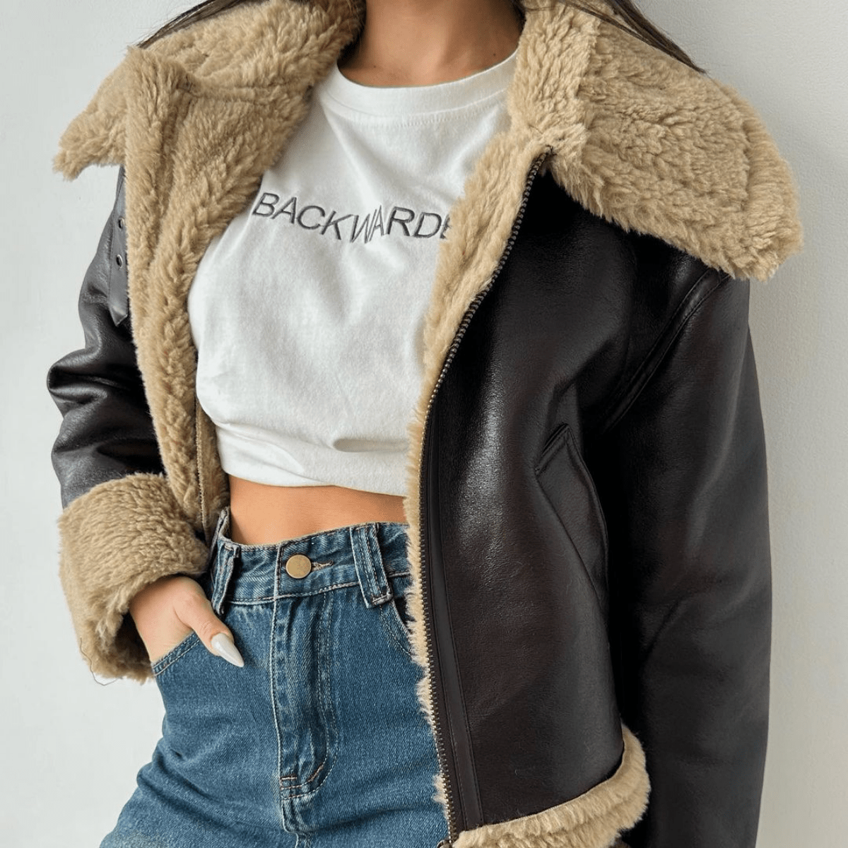 Women's Black PU Leather Aviator Jacket Faux Fur Lined Cropped Winter Coat