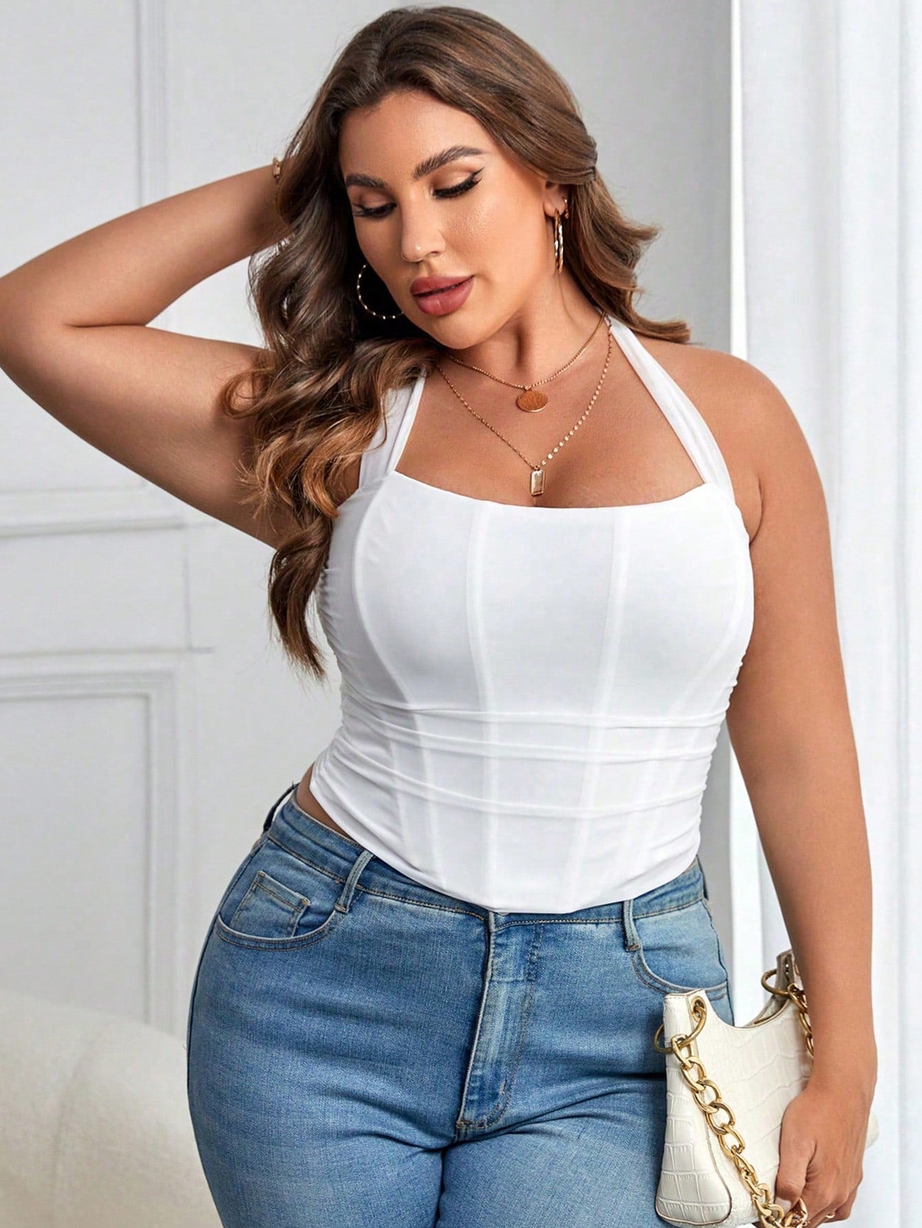 Women's White Cotton Blend Elegant Button-Up Blouse with Pointed Collar