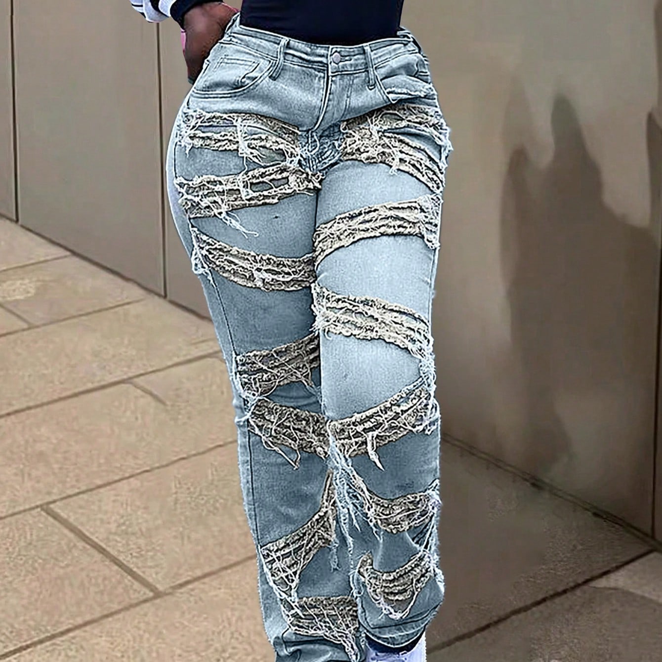 Women's Blue Heavily Distressed Straight Leg Denim Jeans