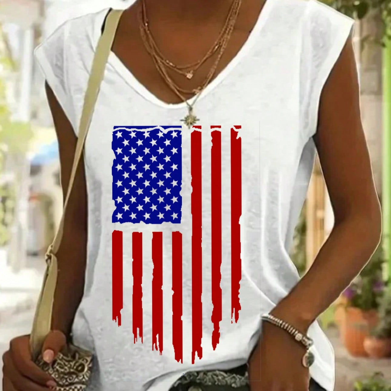 Women's American Flag Graphic V-Neck Short-Sleeve T-Shirt/Vest - Patriotic Casual & Daily Wear Top