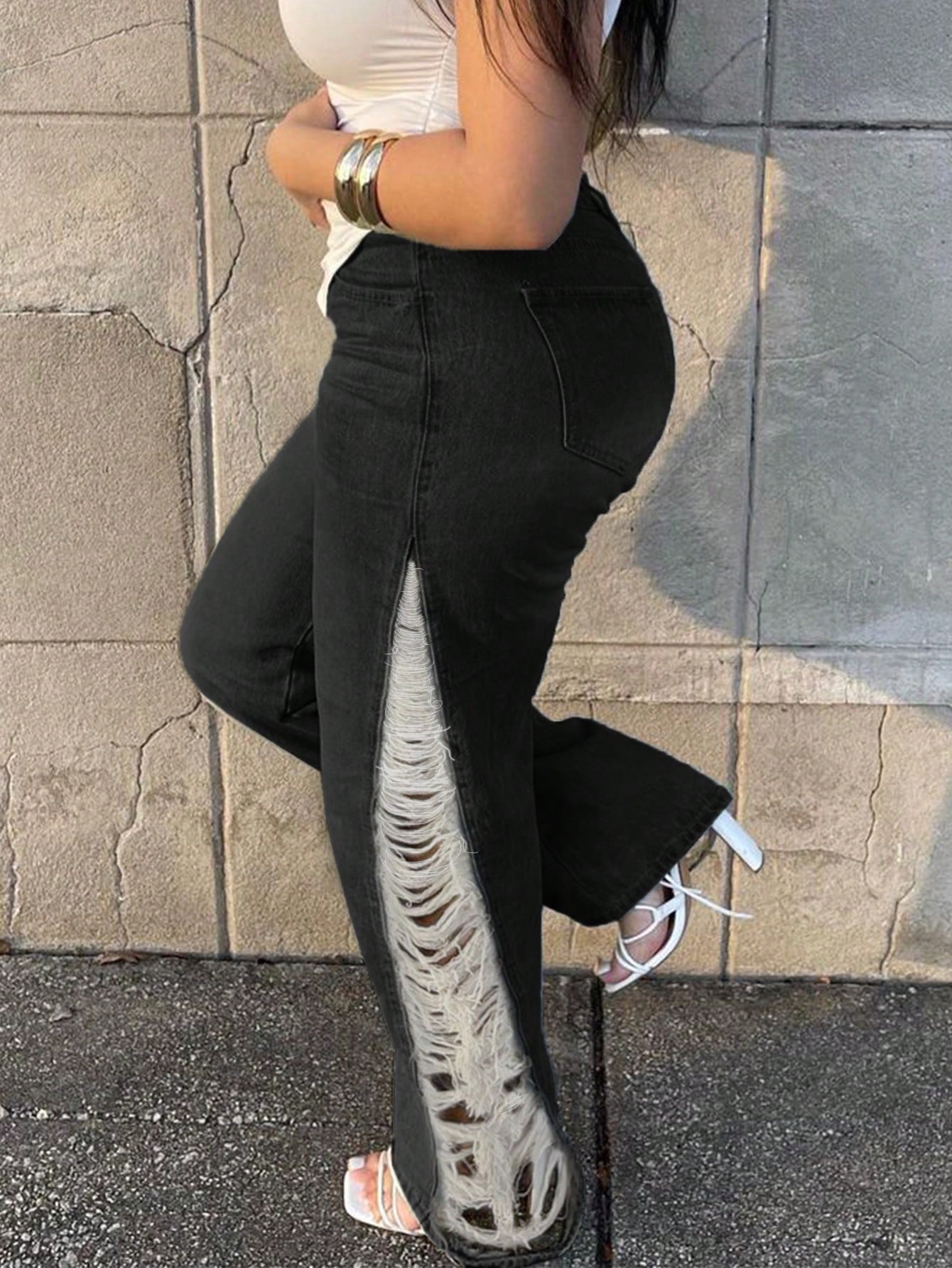 Black Denim Cargo Jeans with Orange Fur Cuffs - Baggy Streetwear Pants with Contrast Patchwork