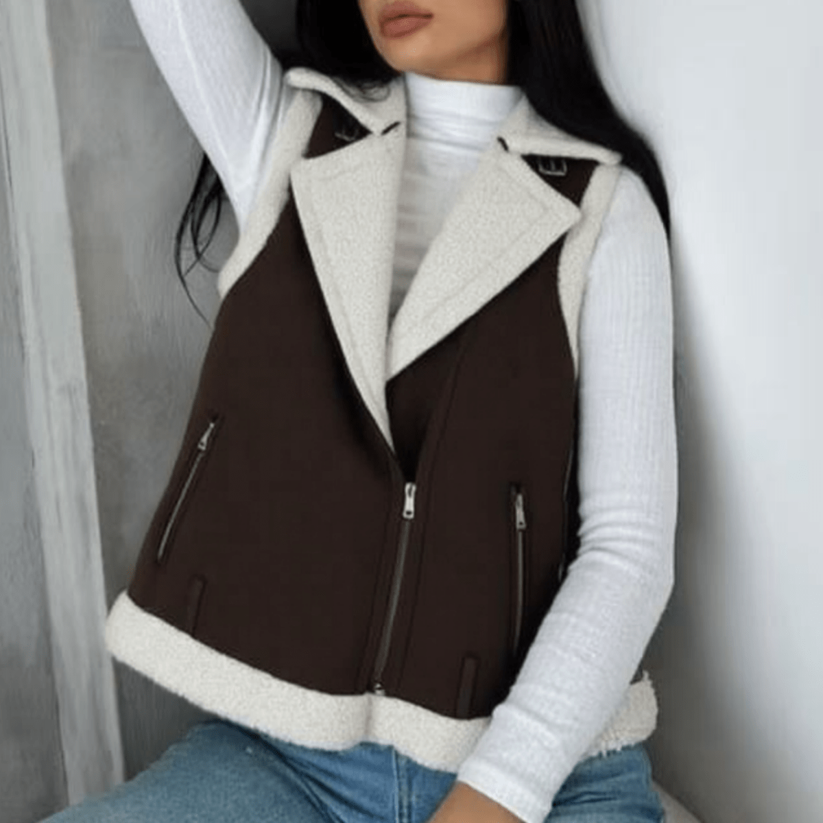 Women's Brown & Beige Shearling Vest - Chic Casual & Versatile Layering Outerwear