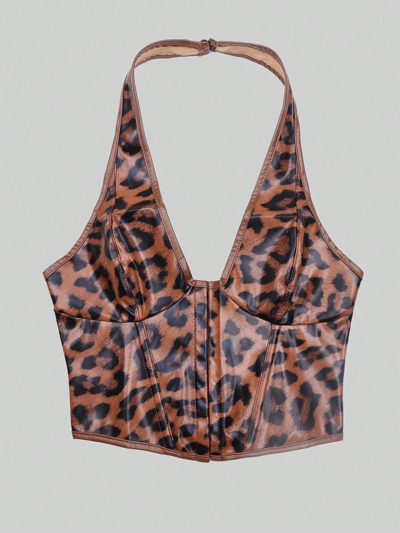 Women's Sexy Leopard Print PU Leather Corset Top Halter Neck Backless Slim Fit Vest