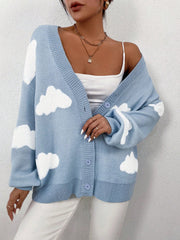 Women's Light Blue Cloud-Patterned Cardigan, Casual Oversized Knitted Jacket for Spring & Autumn