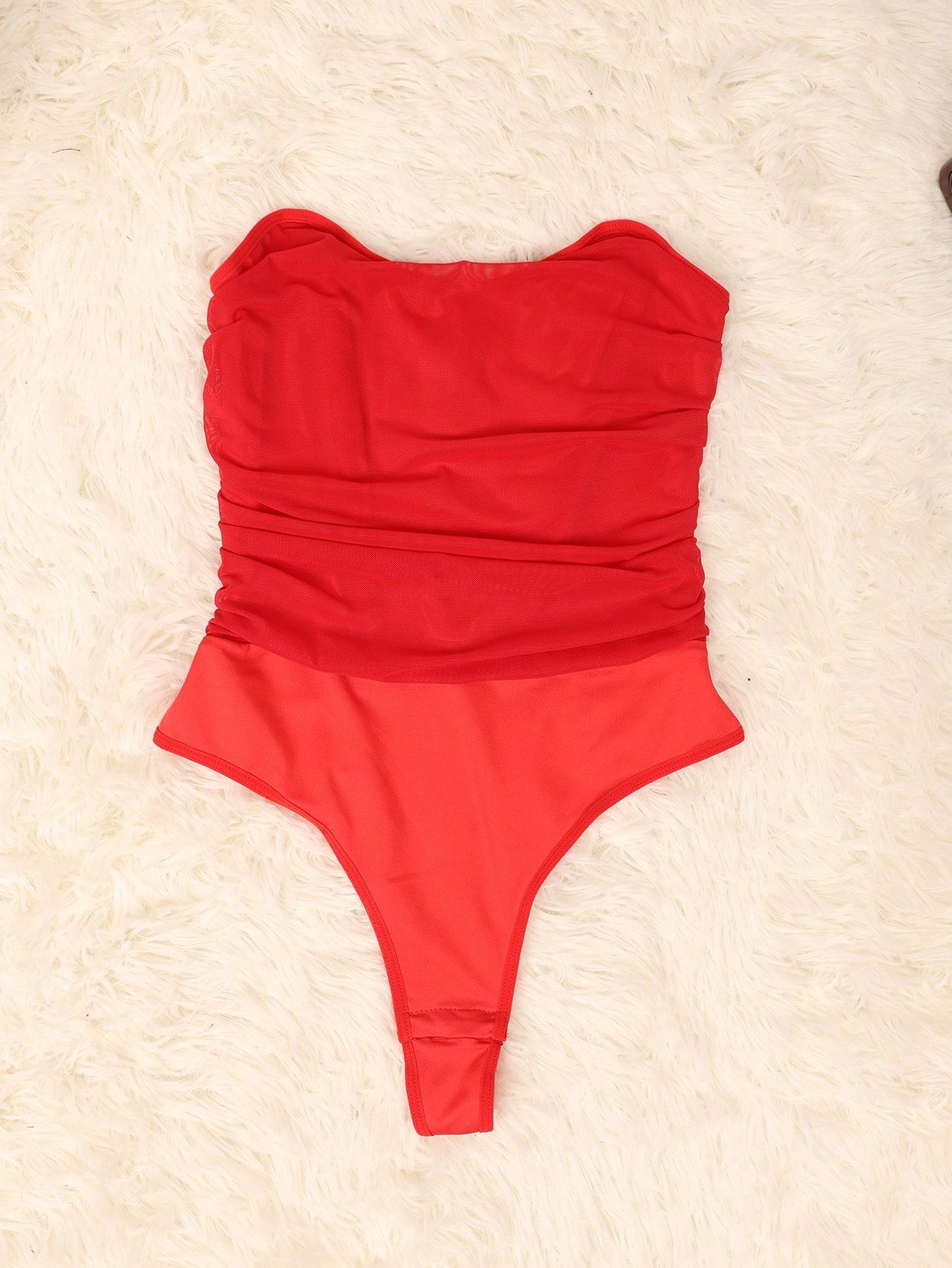 Women's Red Strapless Ruched Bodysuit Sweetheart Neckline