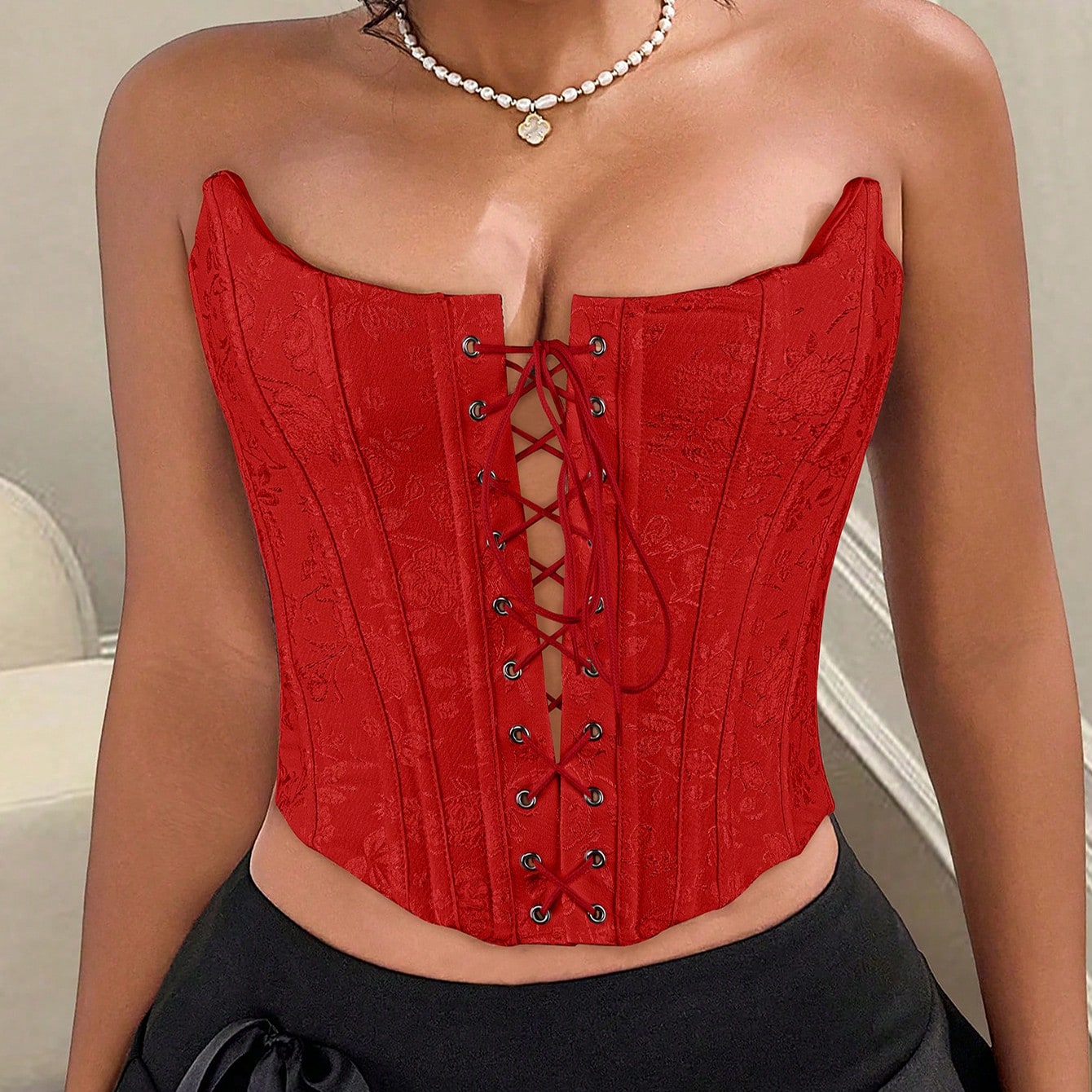 Women's Red Floral Jacquard Lace-Up Overbust Corset Top