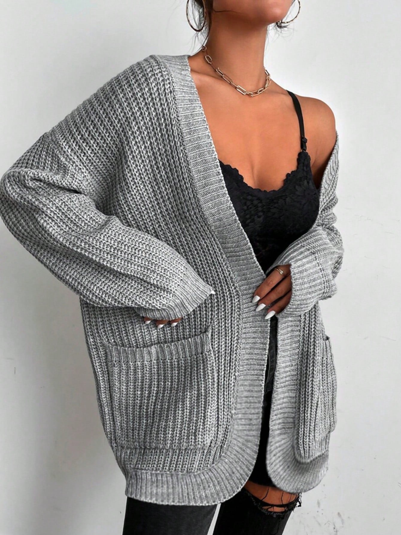 Women's Oversized Grey Open Front Knit Cardigan with Pockets