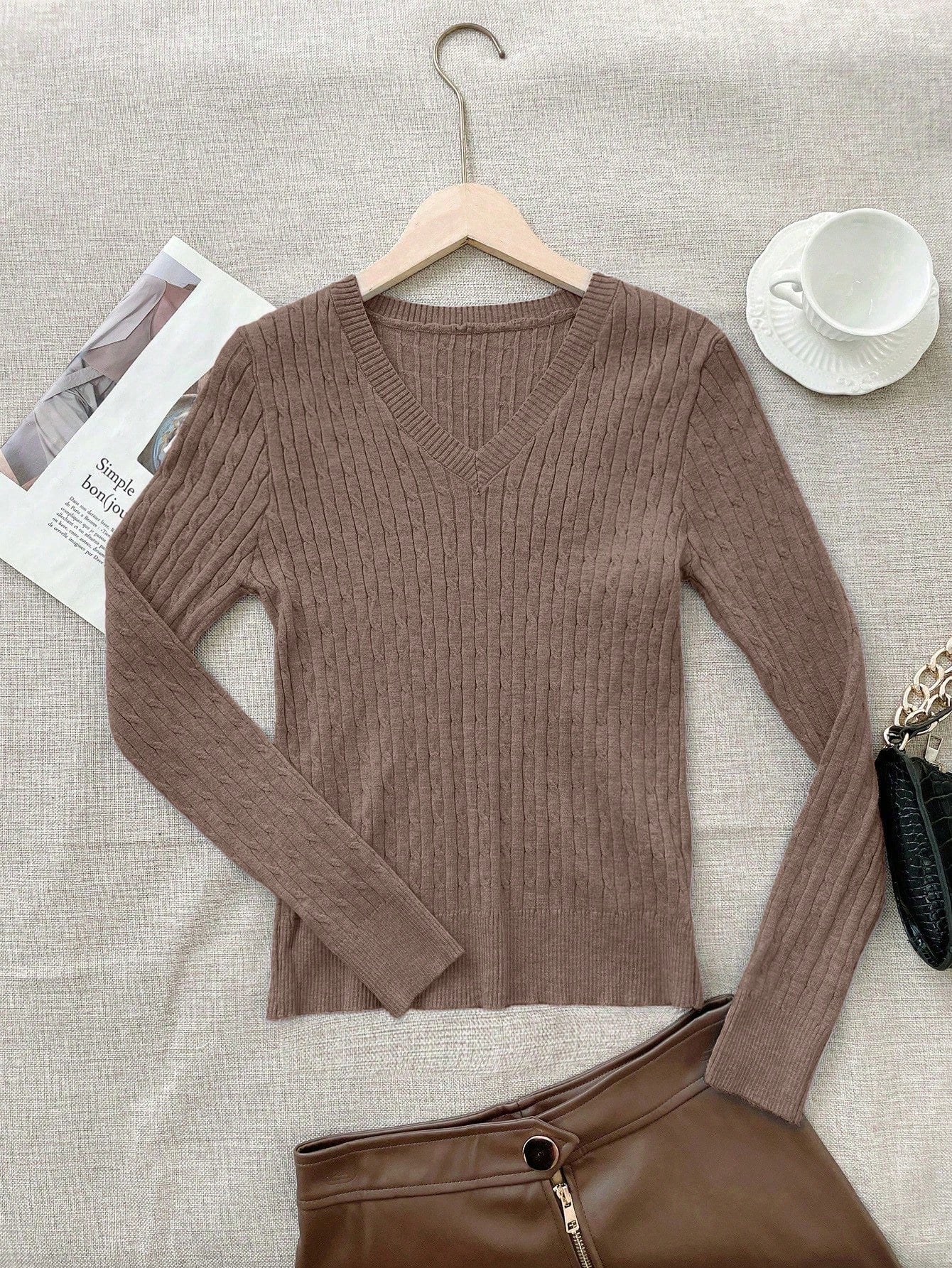 Women's Floral Camel Ribbed Knit Midi Bodycon Dress