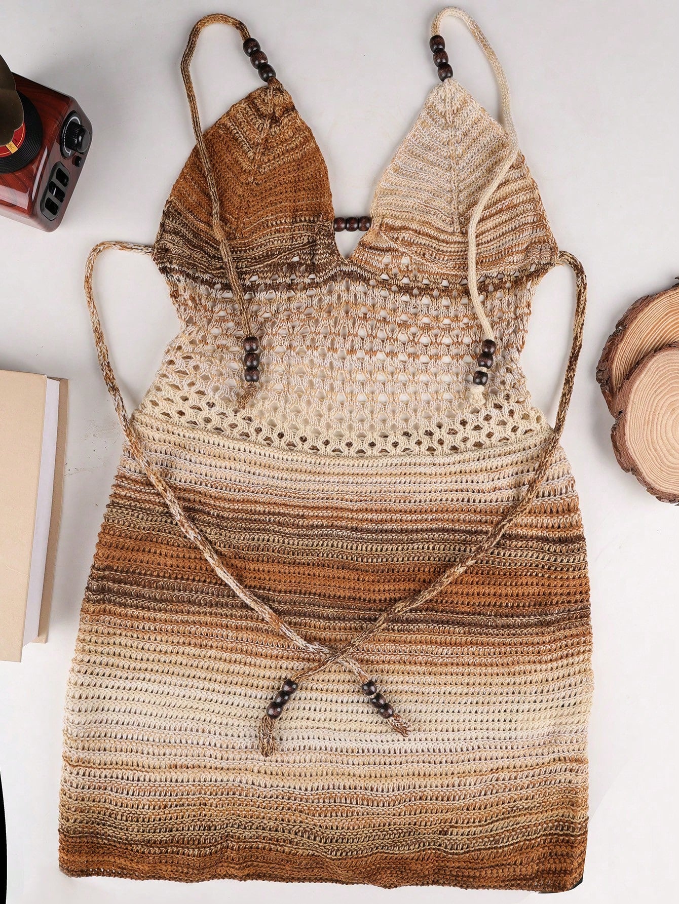 Women's Crochet Halter Mini Dress Gradient Hollow Out Beachwear